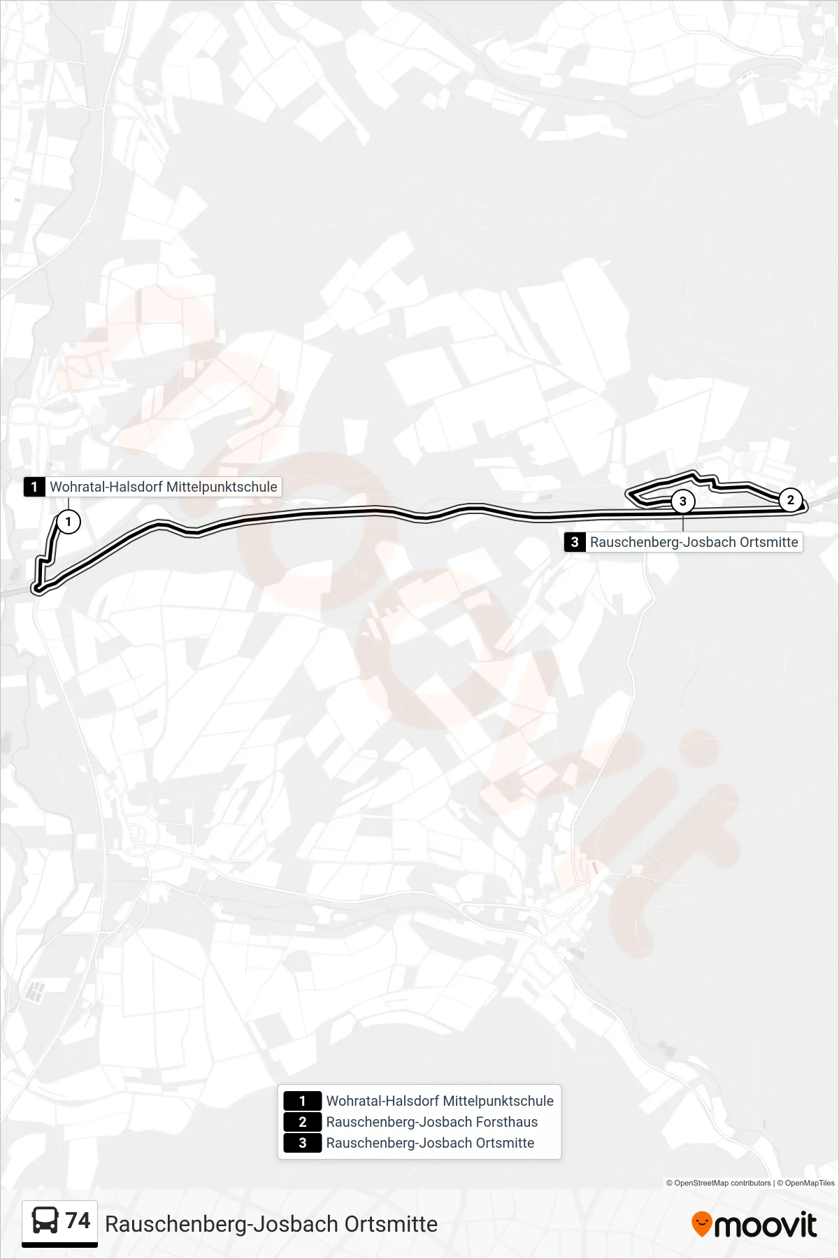 74 bus Line (Rauschenberg-Josbach Ortsmitte) route and stops on a map