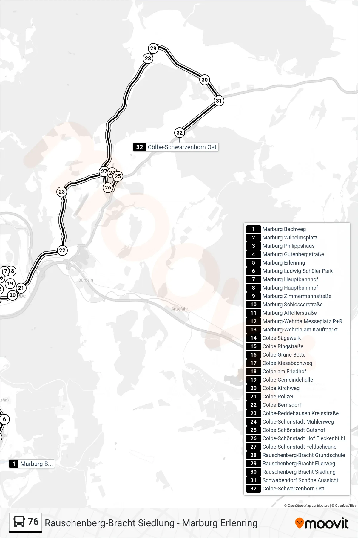 Linie 76 (Bus) Richtung Cölbe-Schwarzenborn Ost: Route und Haltestellen auf der Karte