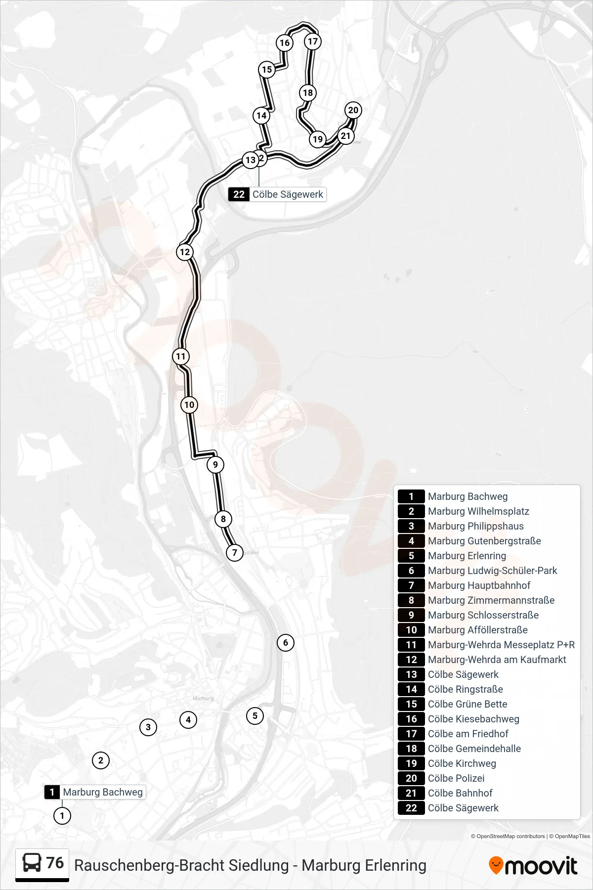 76 bus Line (Cölbe Sägewerk) route and stops on a map
