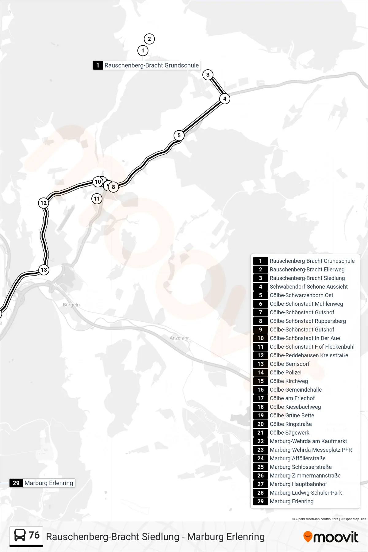 76 bus Line (Marburg Erlenring) route and stops on a map
