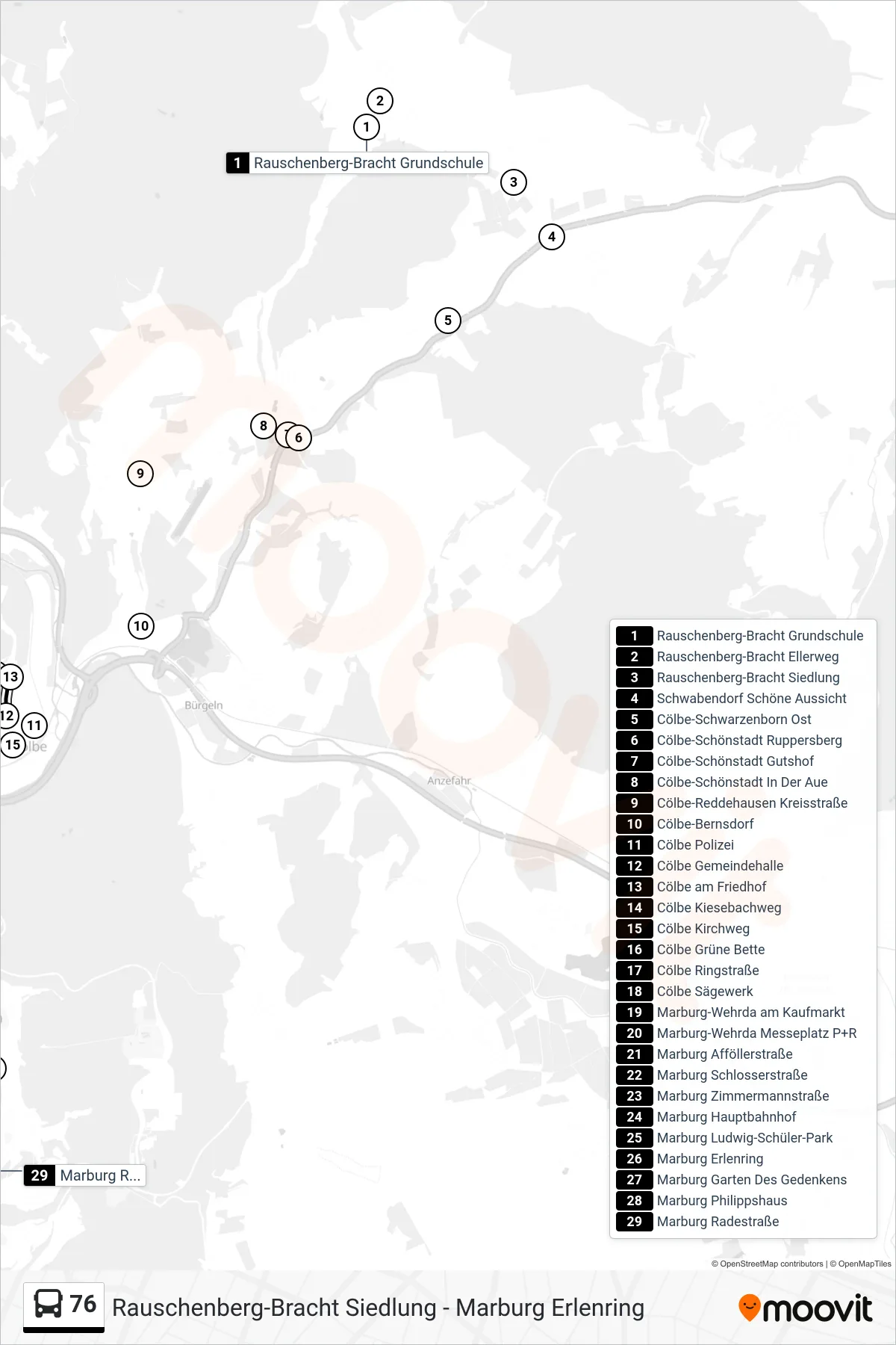 76 bus Line (Marburg Radestraße) route and stops on a map