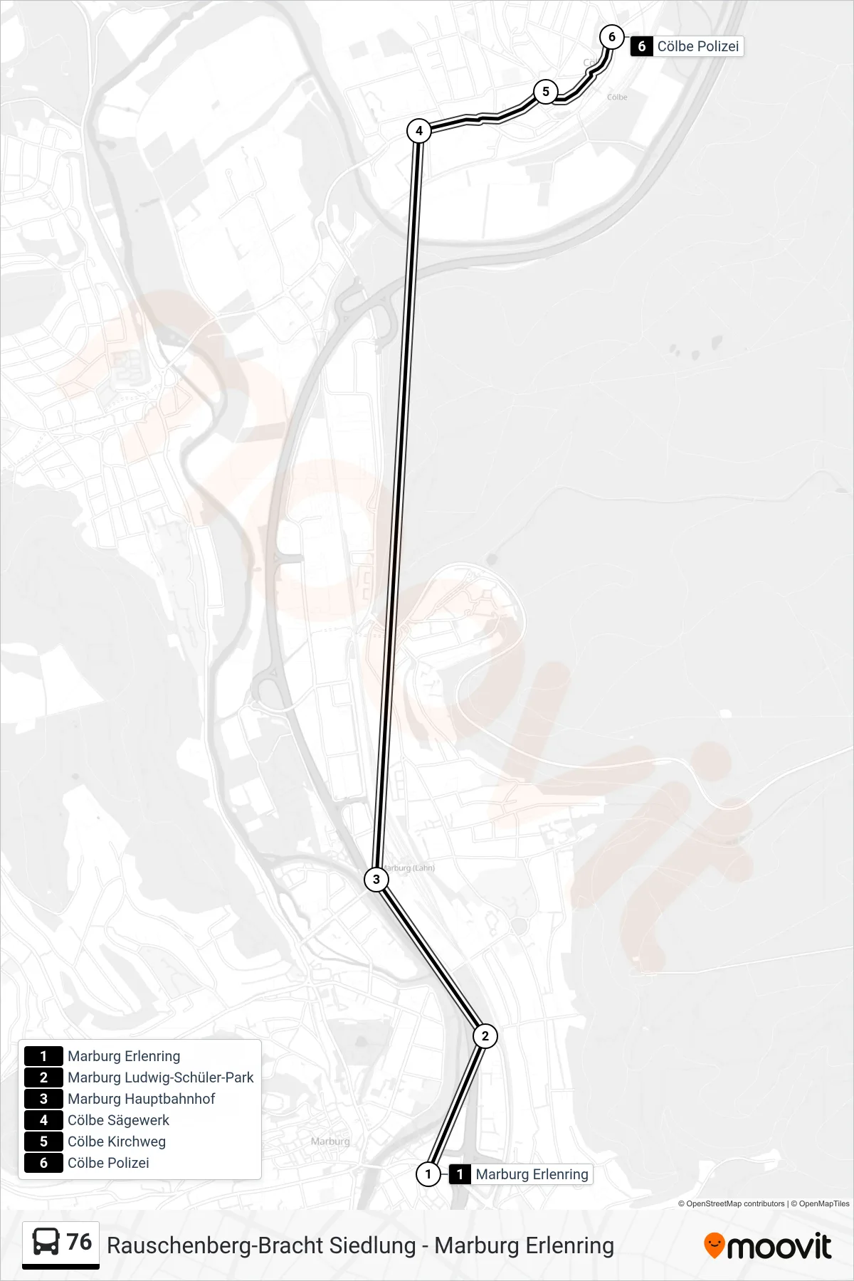 76 bus Line (Cölbe Polizei) route and stops on a map