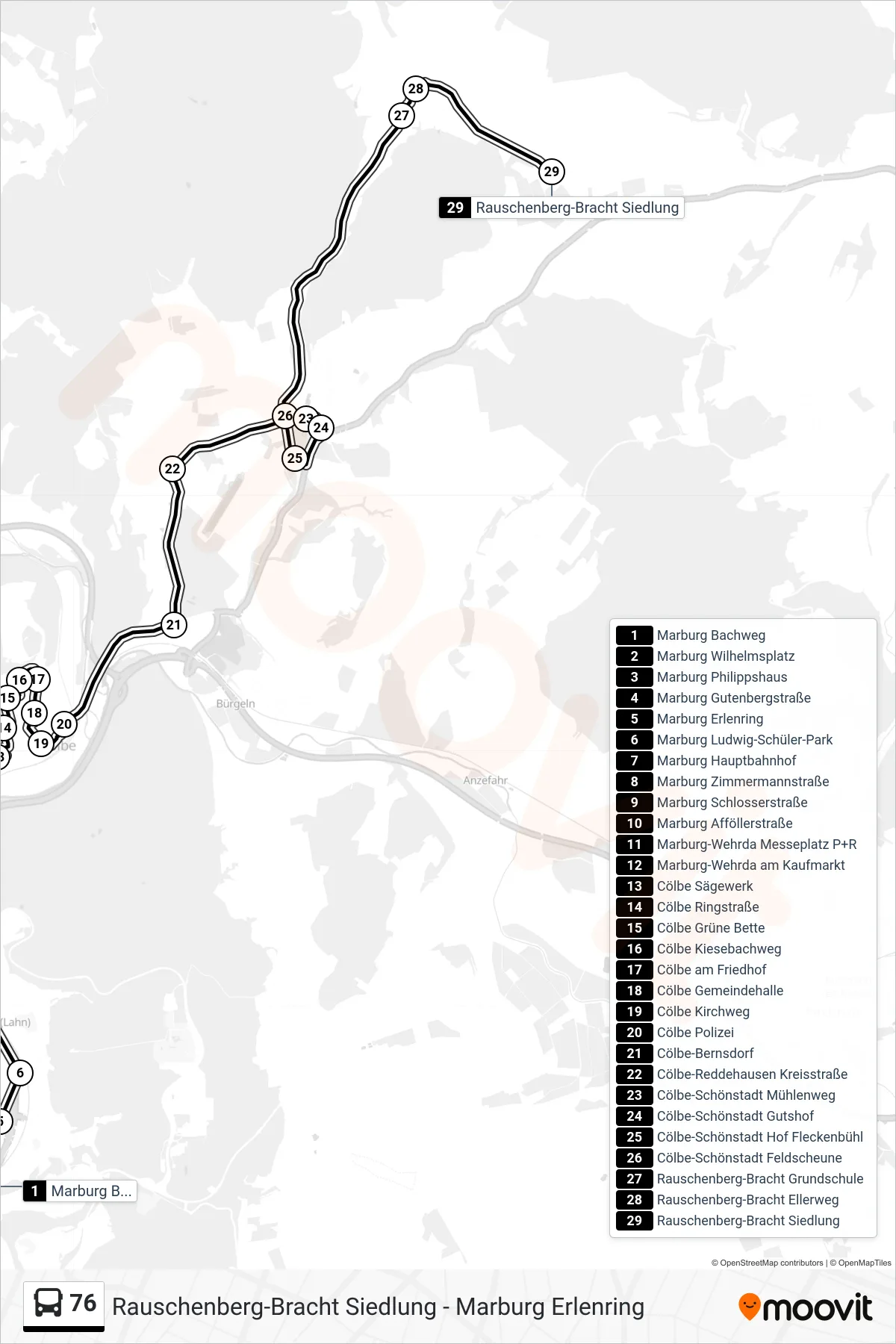 76 bus Line (Rauschenberg-Bracht Siedlung) route and stops on a map