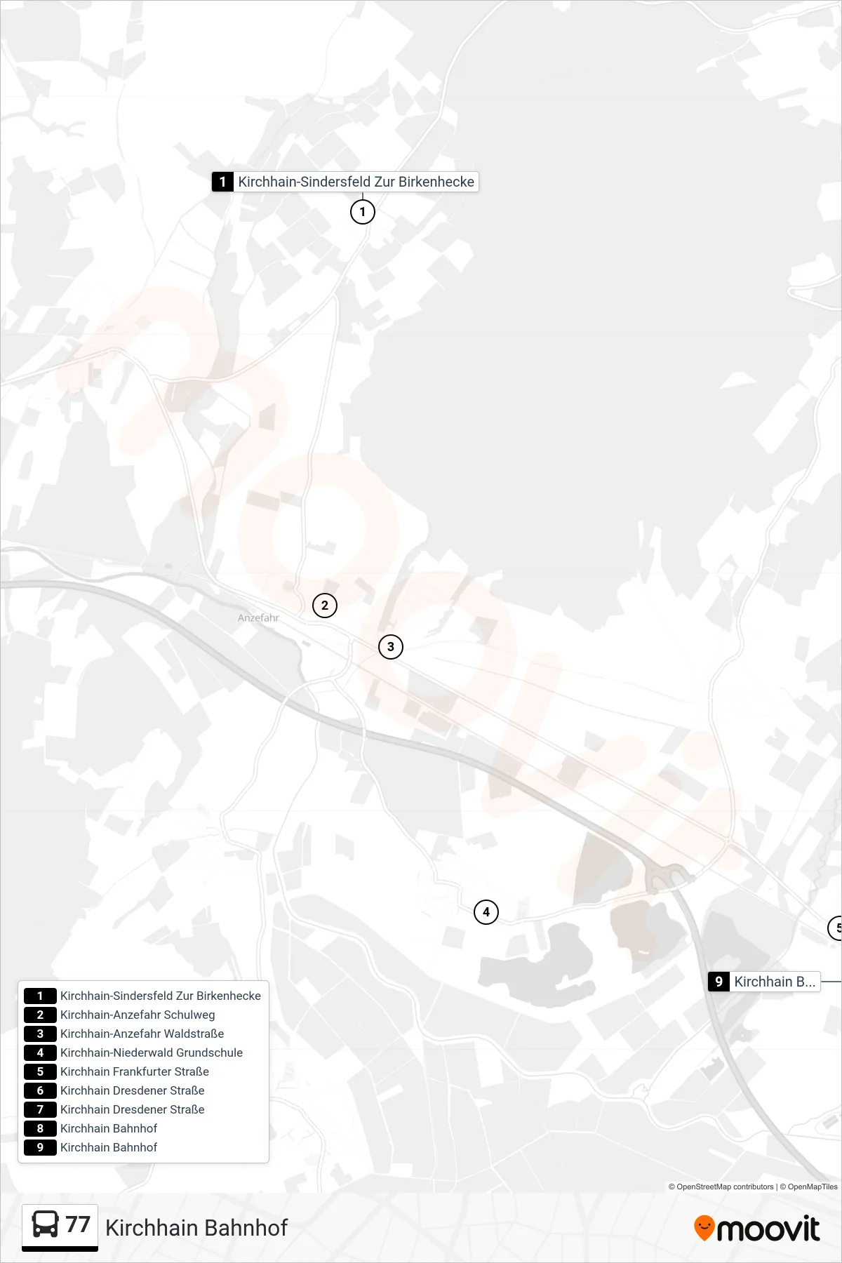 77 bus Line (Kirchhain Bahnhof) route and stops on a map