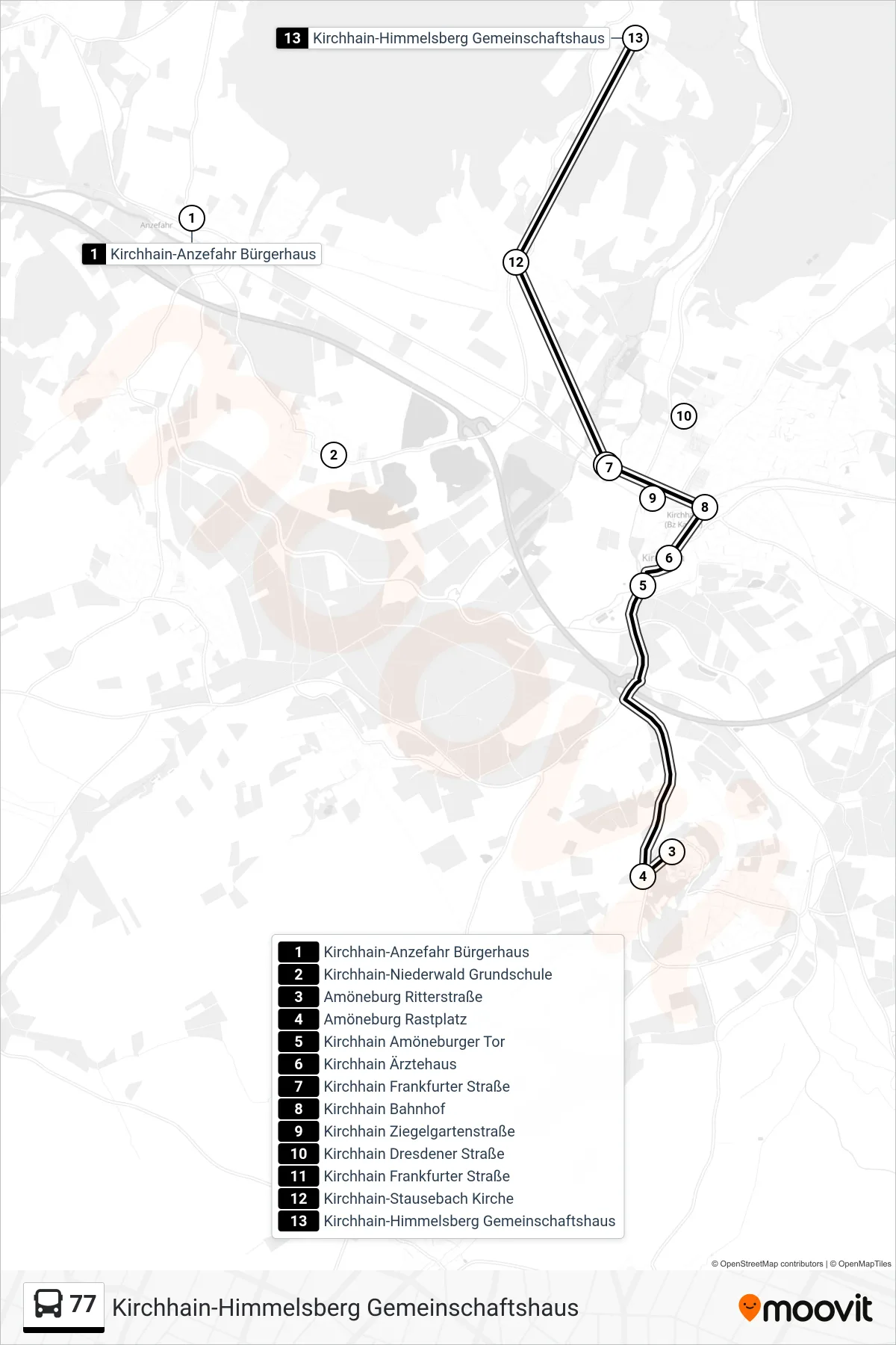 77 bus Line (Kirchhain-Himmelsberg Gemeinschaftshaus) route and stops on a map