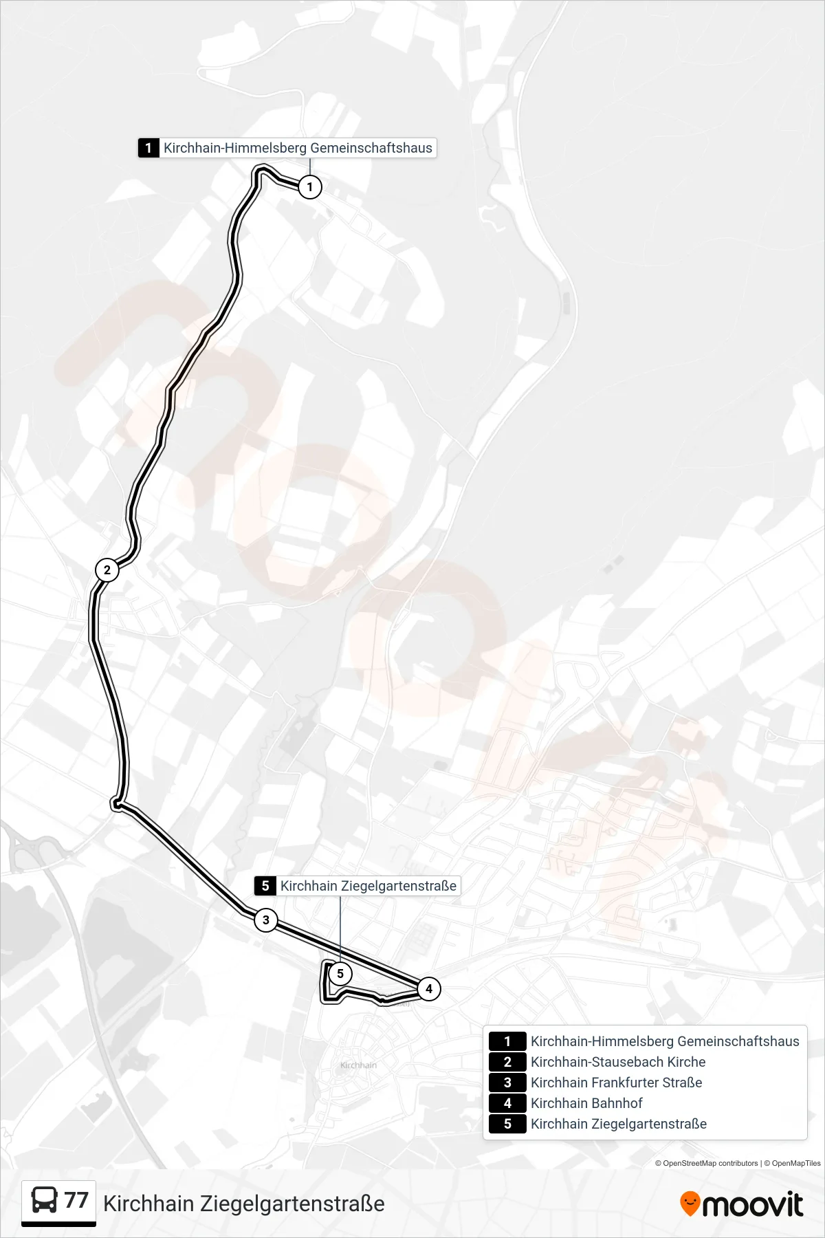 77 bus Line (Kirchhain Ziegelgartenstraße) route and stops on a map