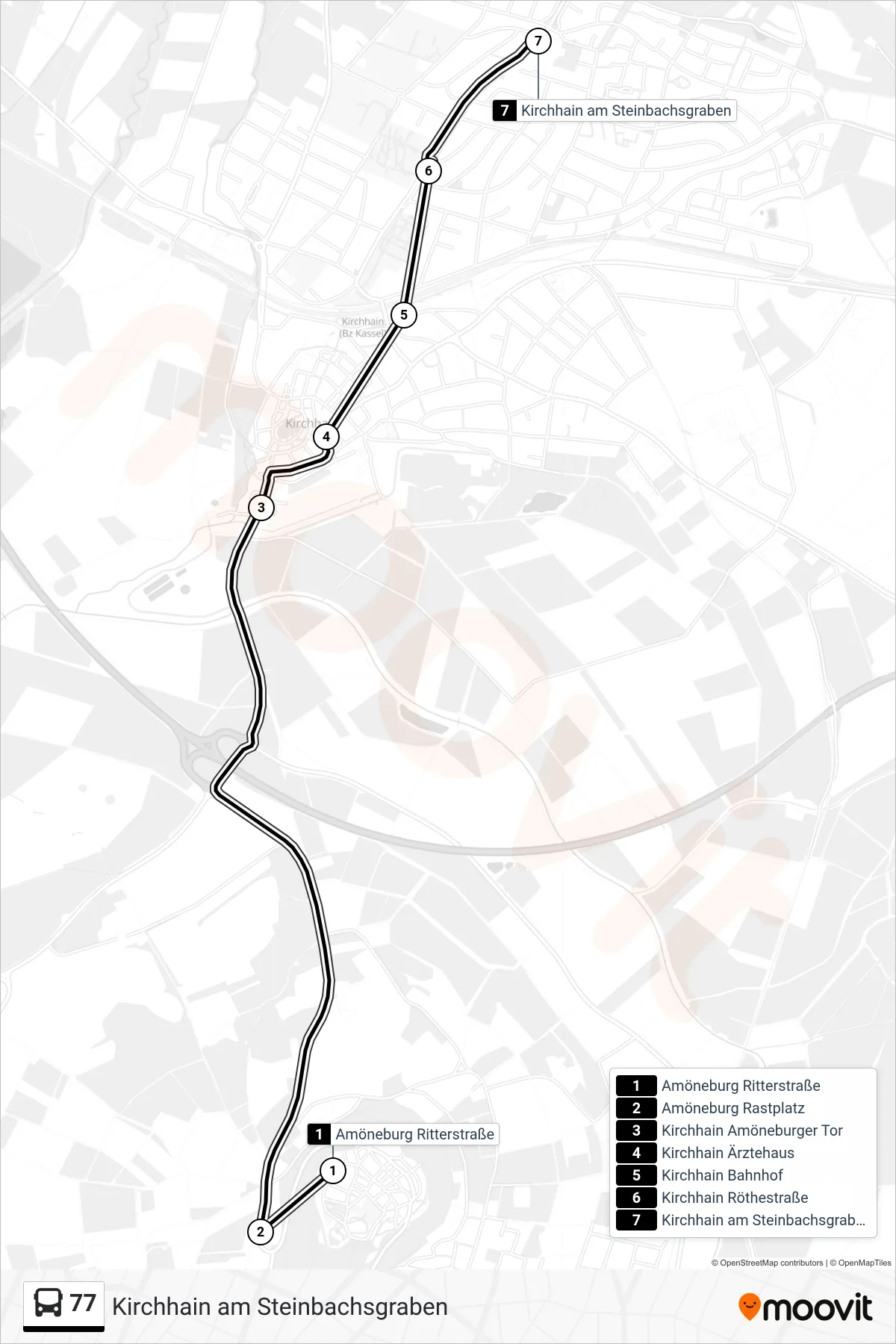 77 bus Line (Kirchhain am Steinbachsgraben) route and stops on a map