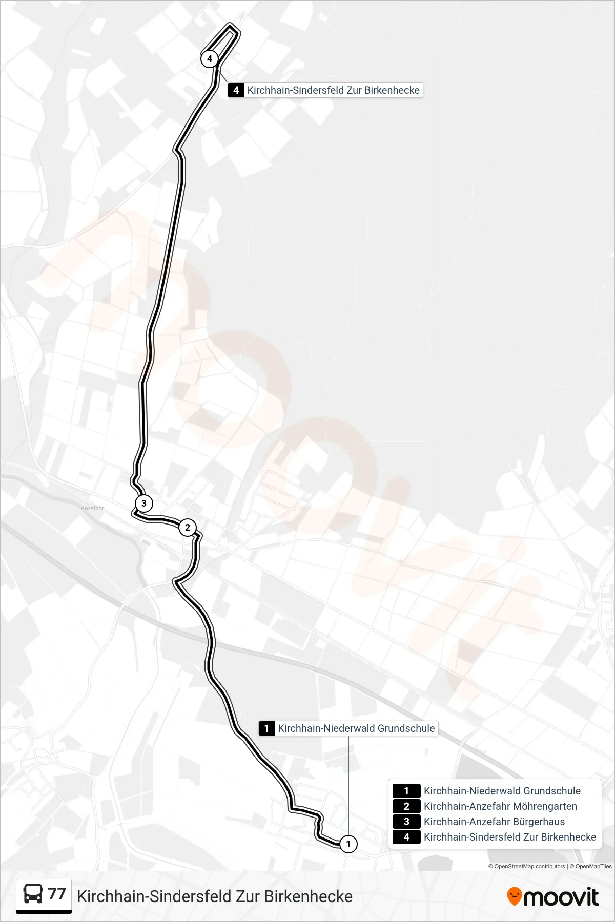 77 bus Line (Kirchhain-Sindersfeld Zur Birkenhecke) route and stops on a map