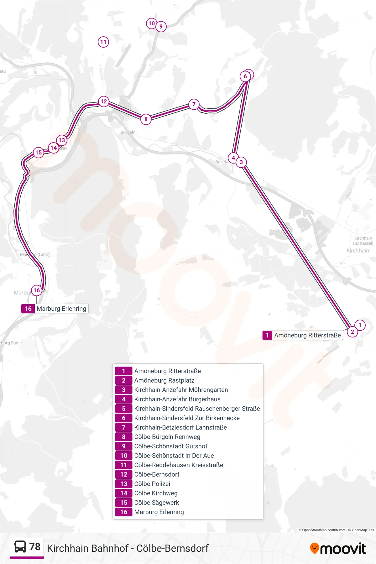 78 bus Line (Marburg Erlenring) route and stops on a map