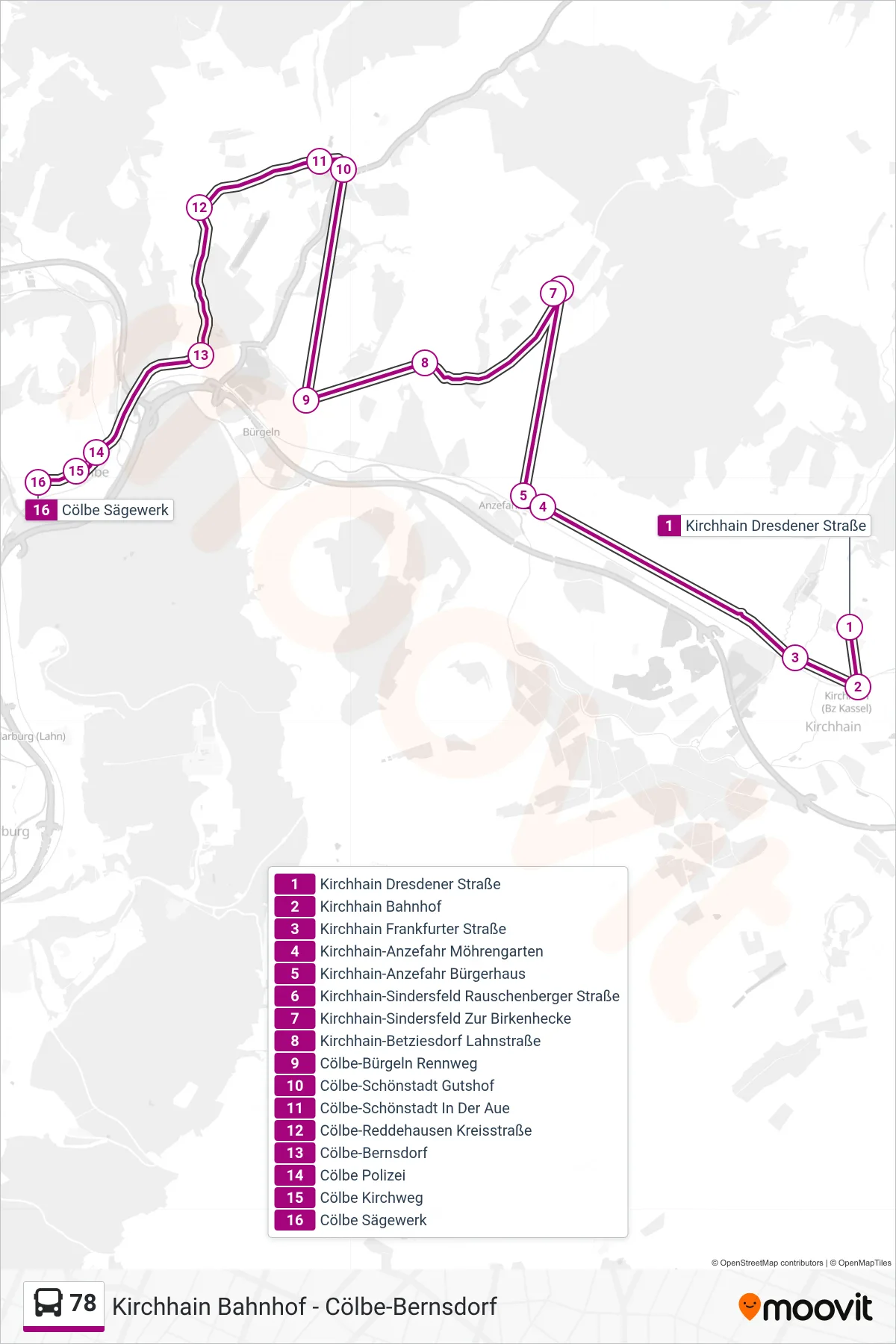 78 bus Line (Cölbe Sägewerk) route and stops on a map