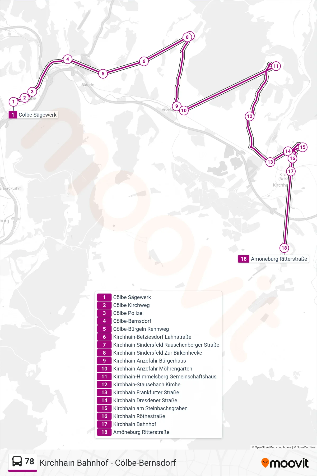 78 bus Line (Amöneburg Ritterstraße) route and stops on a map