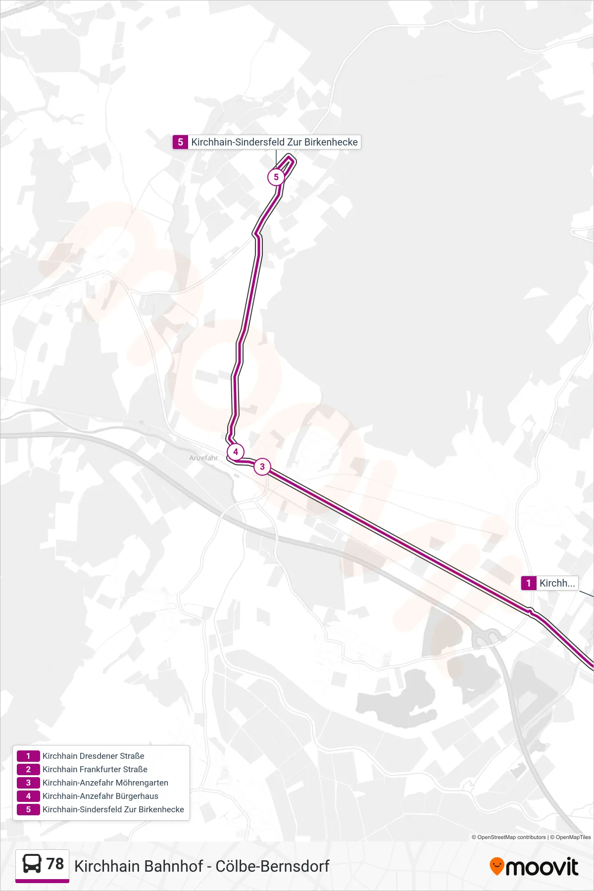 78 bus Line (Kirchhain-Sindersfeld Zur Birkenhecke) route and stops on a map