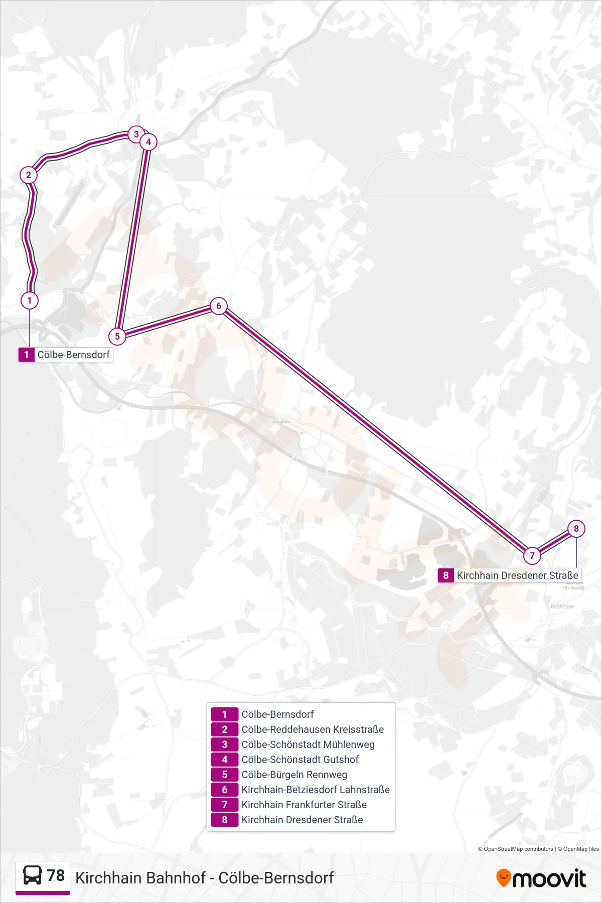 78 bus Line (Kirchhain Dresdener Straße) route and stops on a map