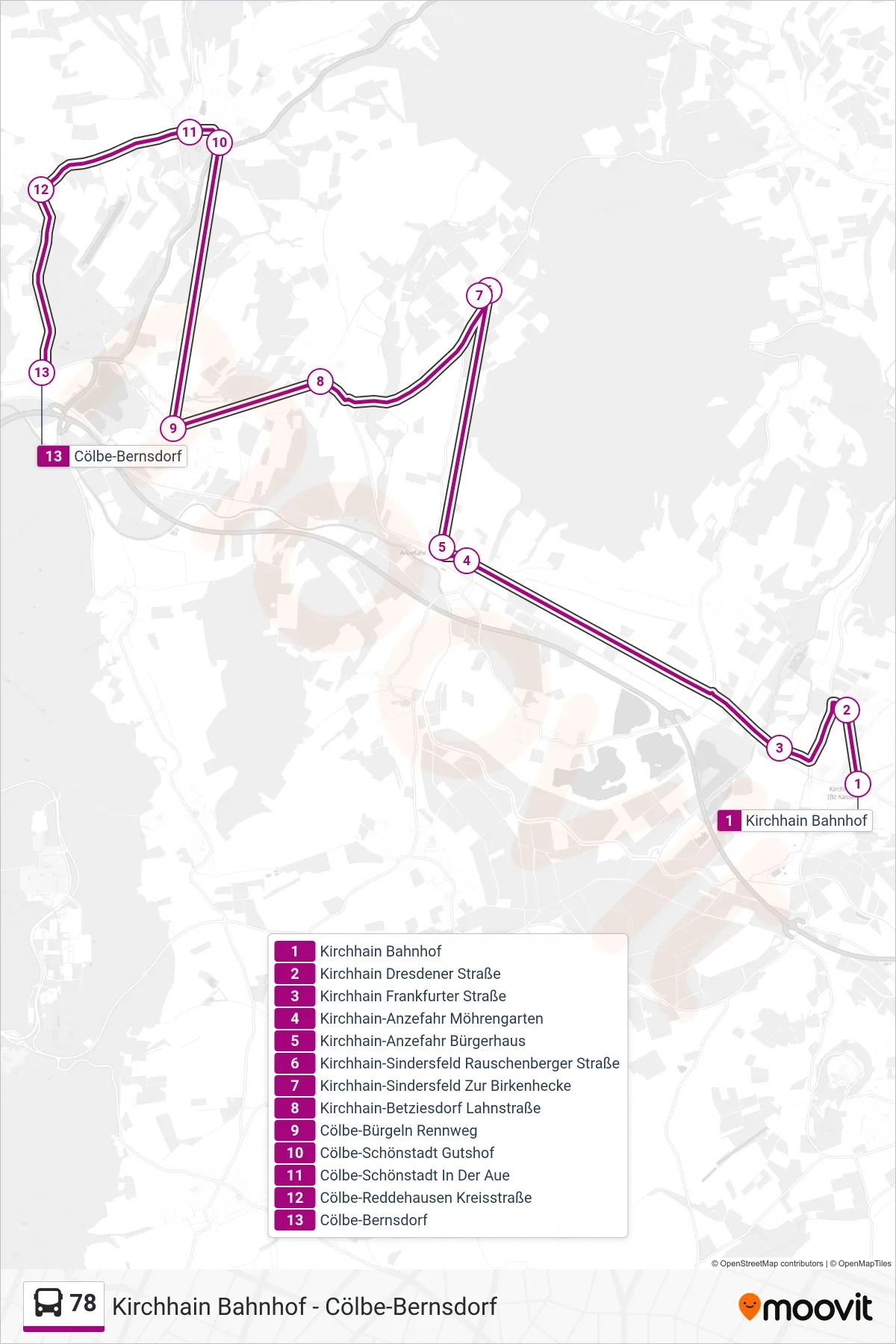 Linie 78 (Bus) Richtung Cölbe-Bernsdorf: Route und Haltestellen auf der Karte