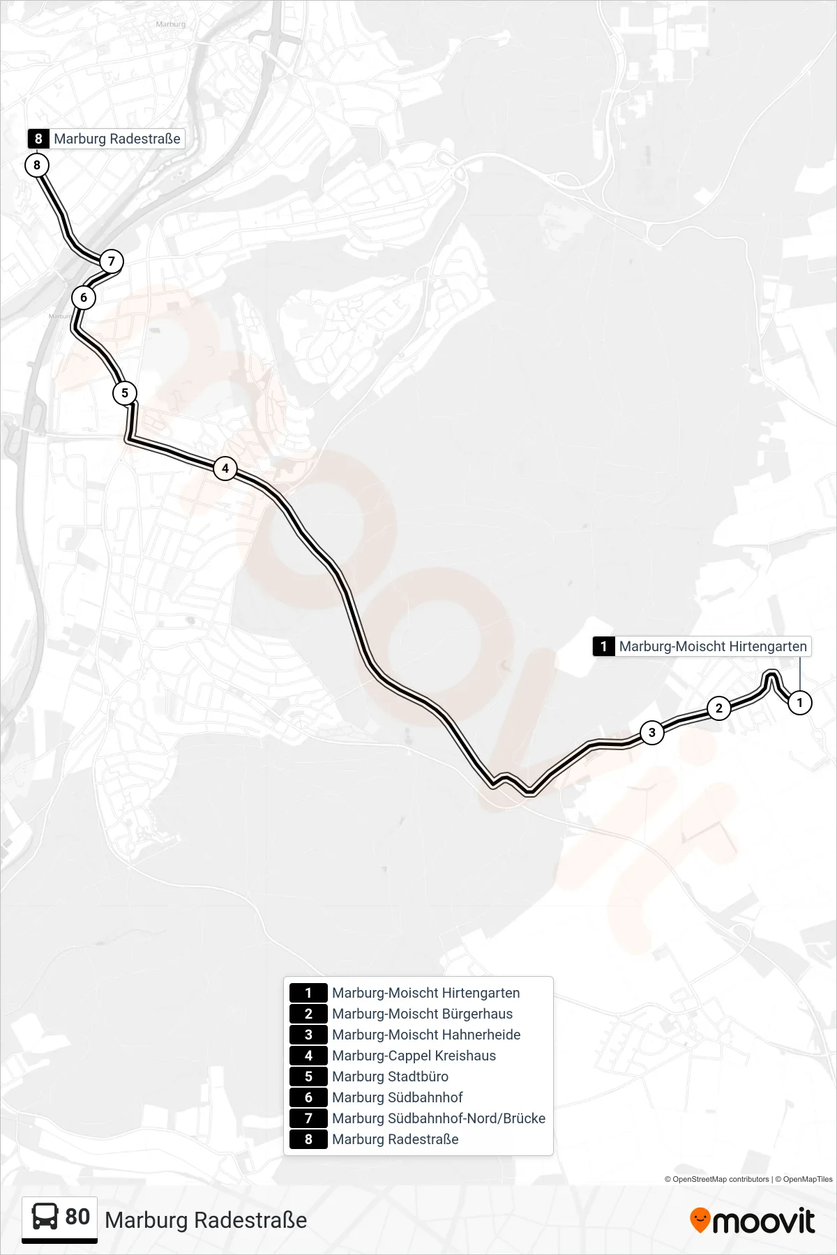 Linie 80 (Bus) Richtung Marburg Radestraße: Route und Haltestellen auf der Karte