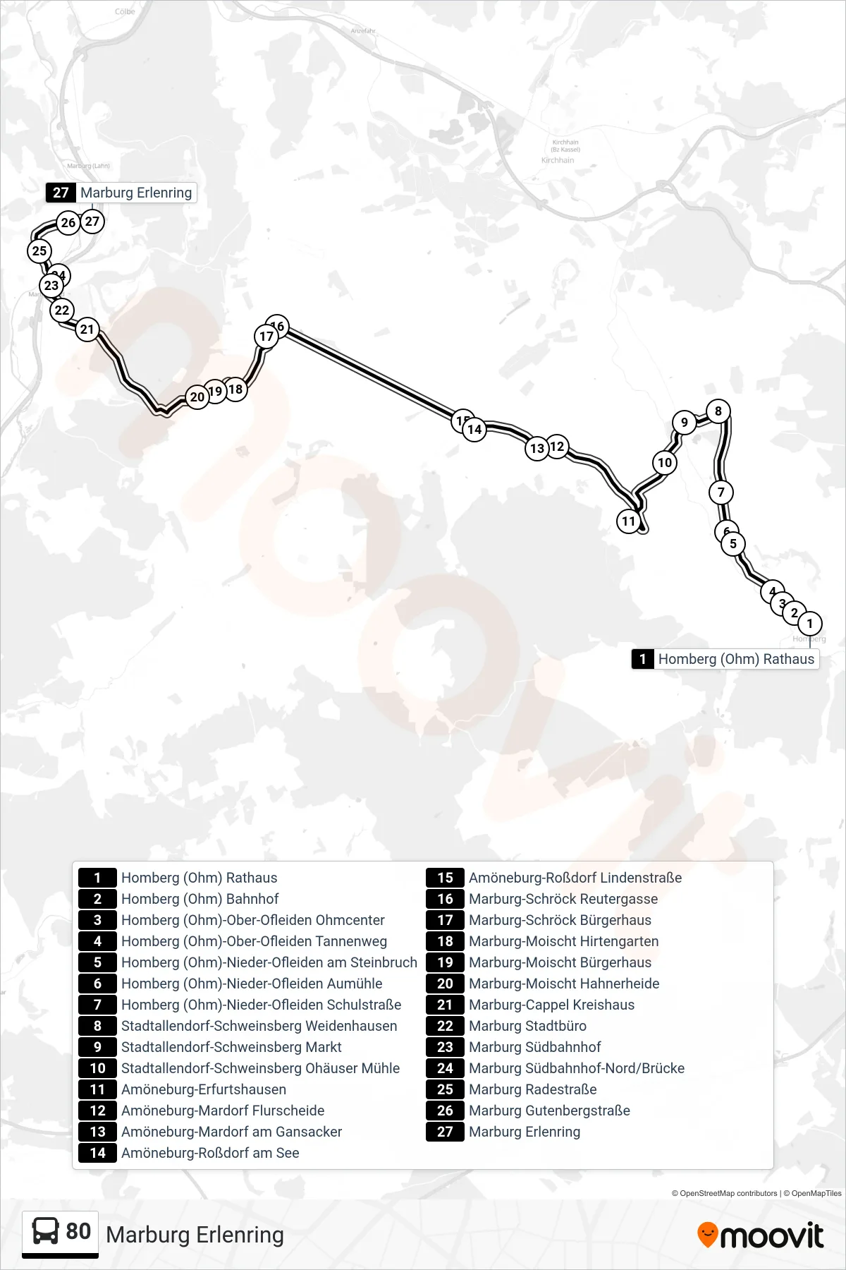 80 bus Line (Marburg Erlenring) route and stops on a map