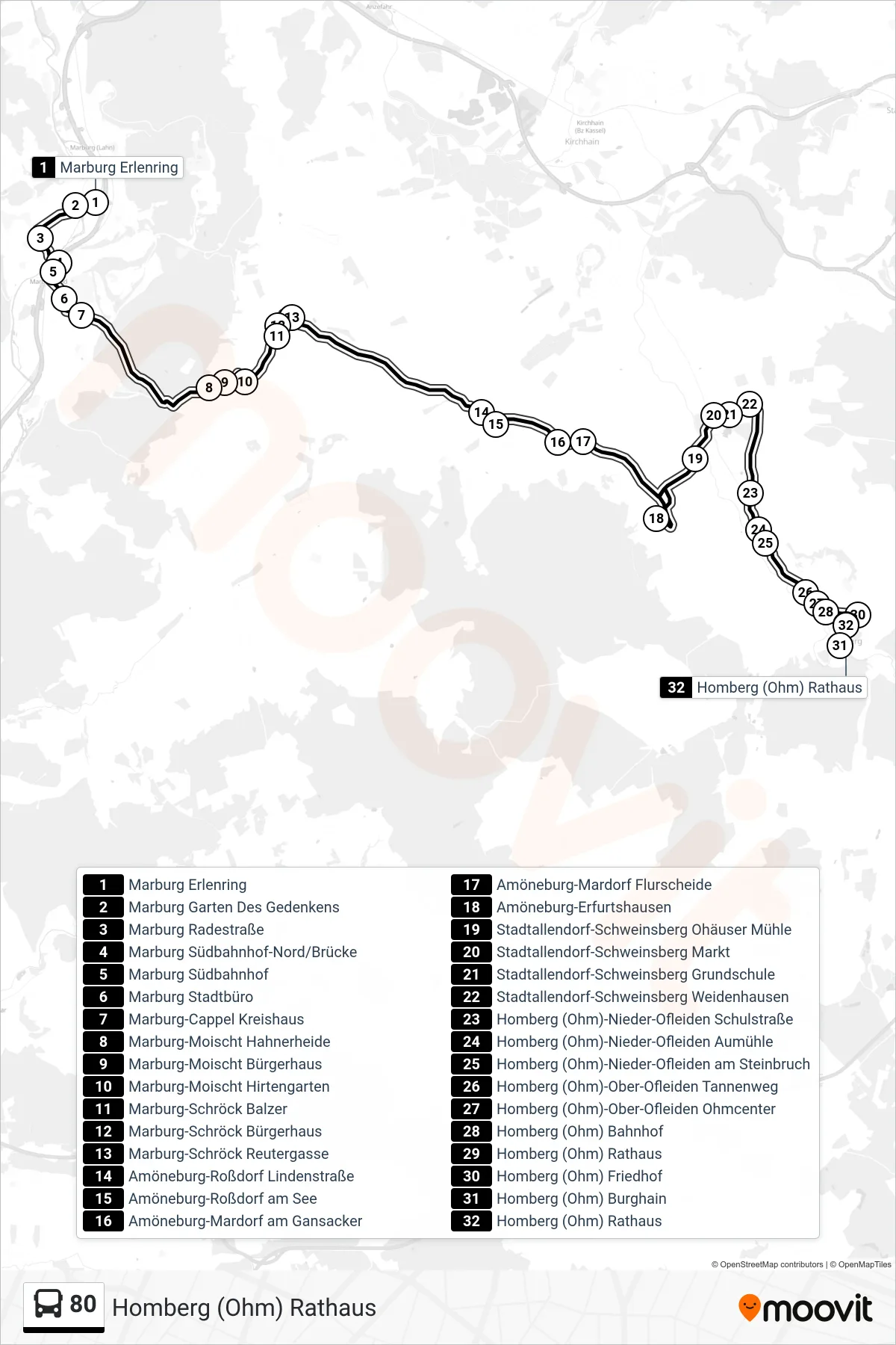 80 bus Line (Homberg (Ohm) Rathaus) route and stops on a map