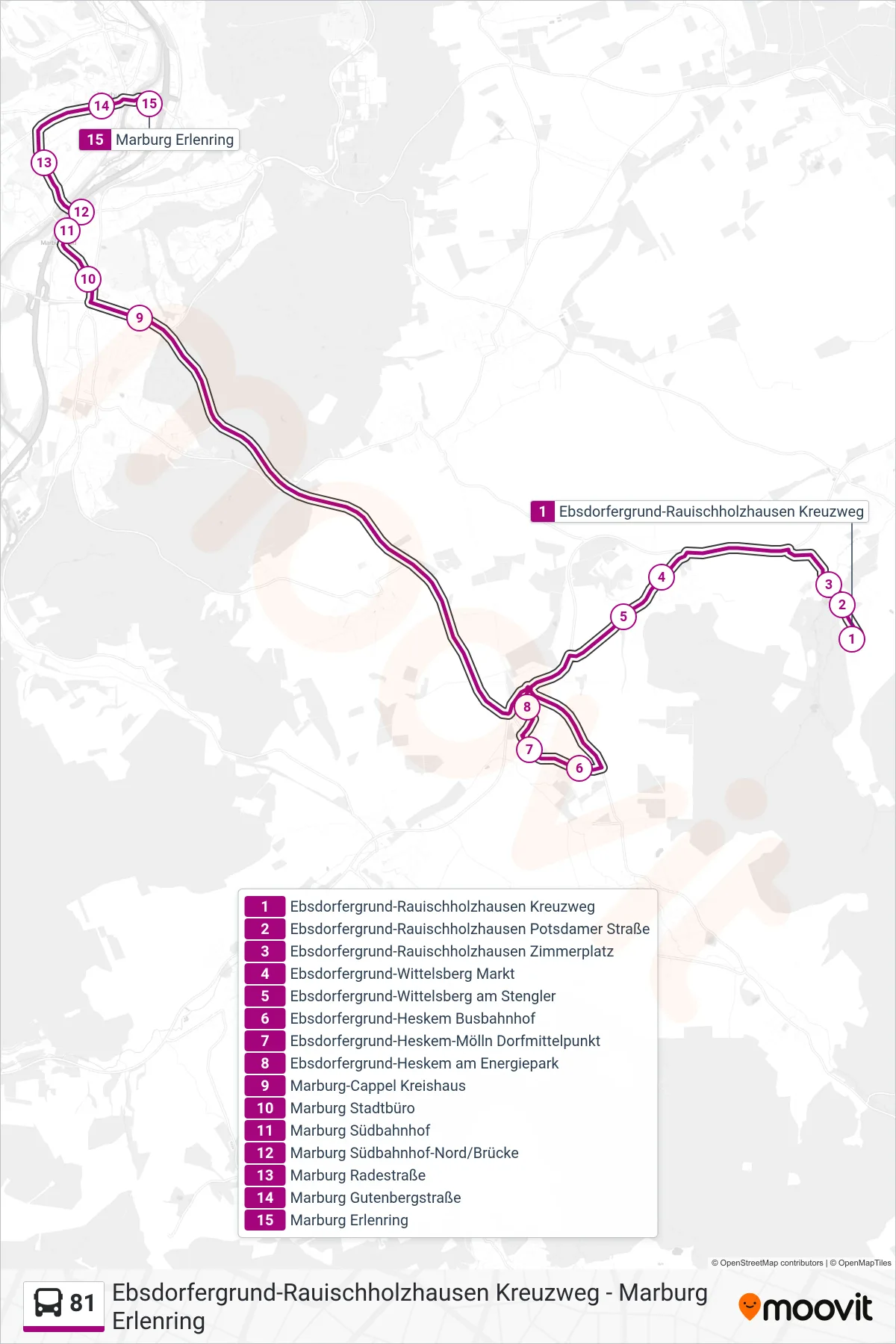 81 bus Line (Marburg Erlenring) route and stops on a map