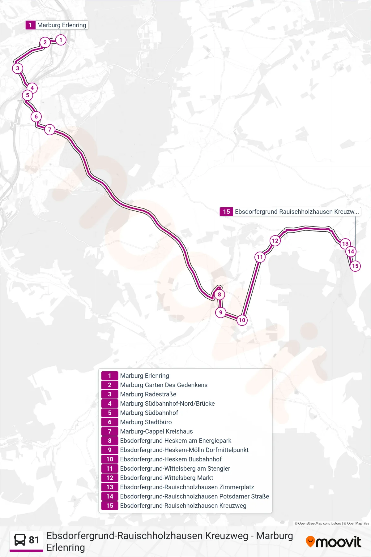 Linie 81 (Bus) Richtung Ebsdorfergrund-Rauischholzhausen Kreuzweg: Route und Haltestellen auf der Karte