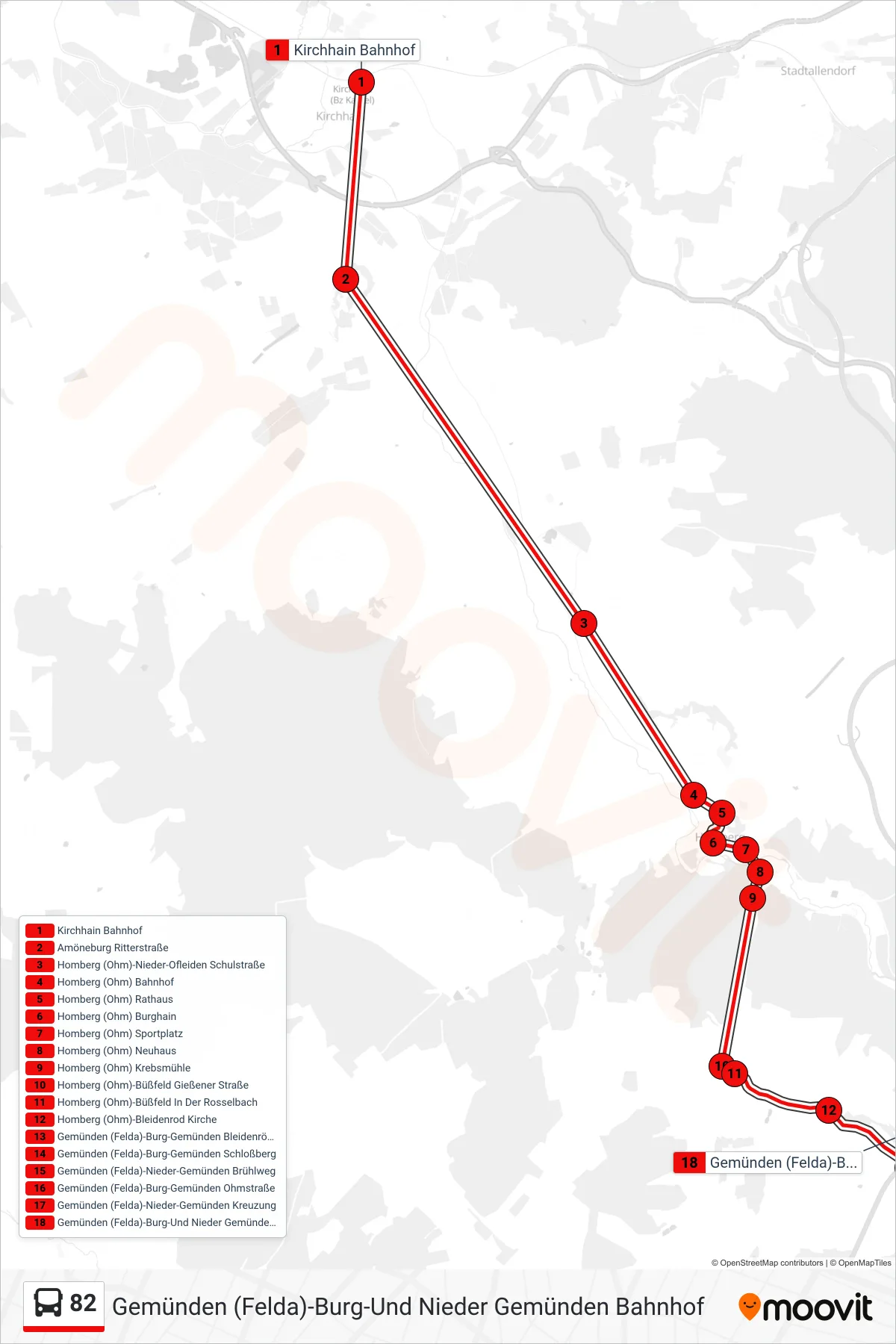 82 bus Line (Gemünden (Felda)-Burg-Und Nieder Gemünden Bahnhof) route and stops on a map