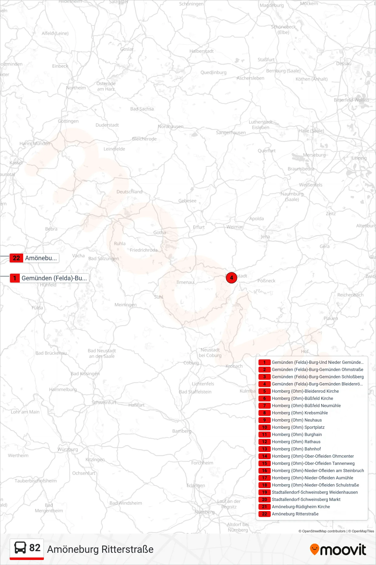 82 bus Line (Amöneburg Ritterstraße) route and stops on a map