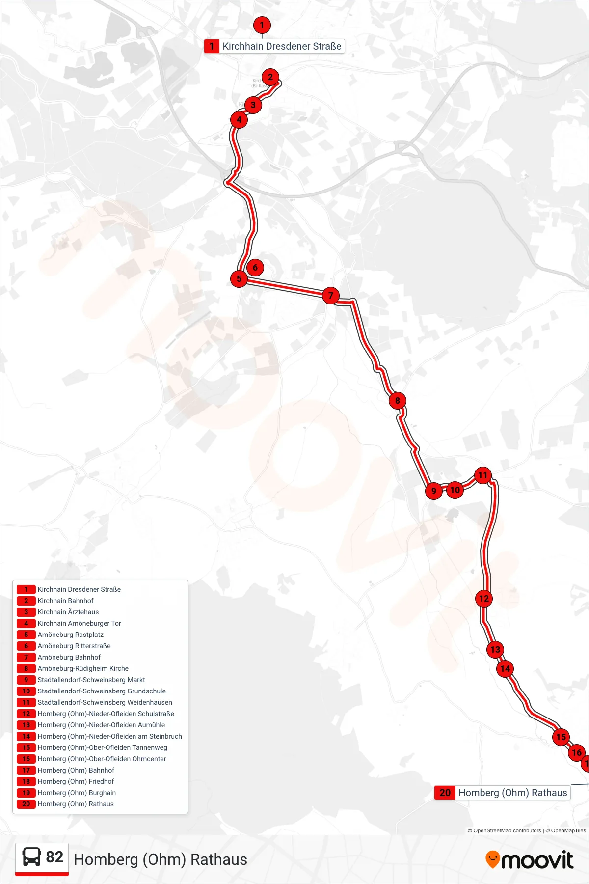 Linie 82 (Bus) Richtung Homberg (Ohm) Rathaus: Route und Haltestellen auf der Karte