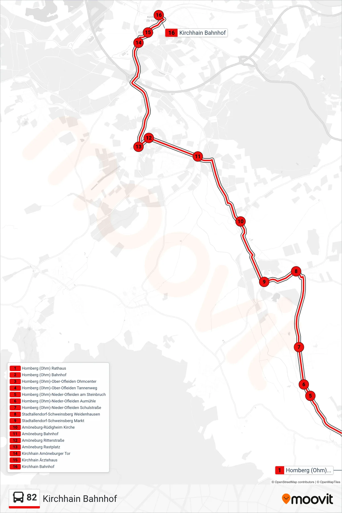 82 bus Line (Kirchhain Bahnhof) route and stops on a map