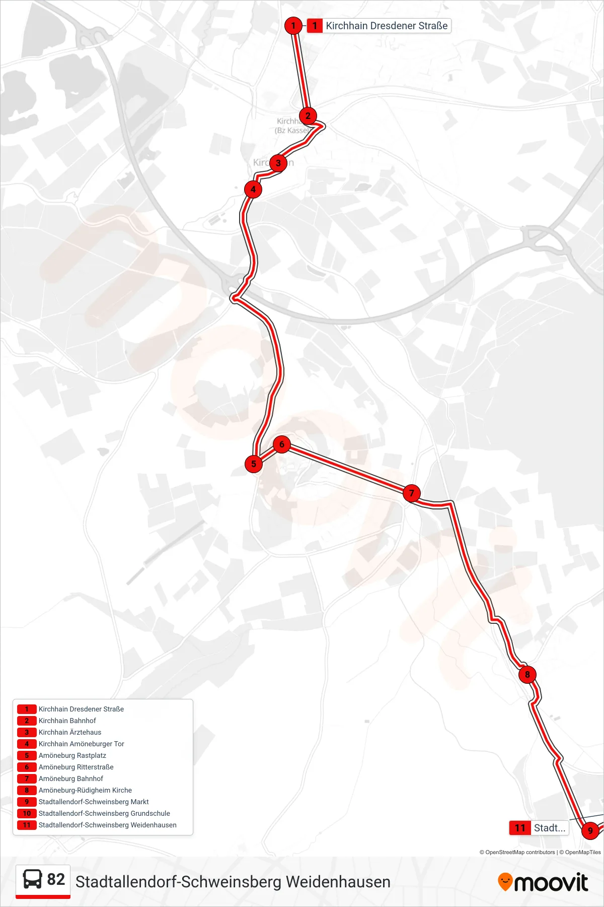 82 bus Line (Stadtallendorf-Schweinsberg Weidenhausen) route and stops on a map