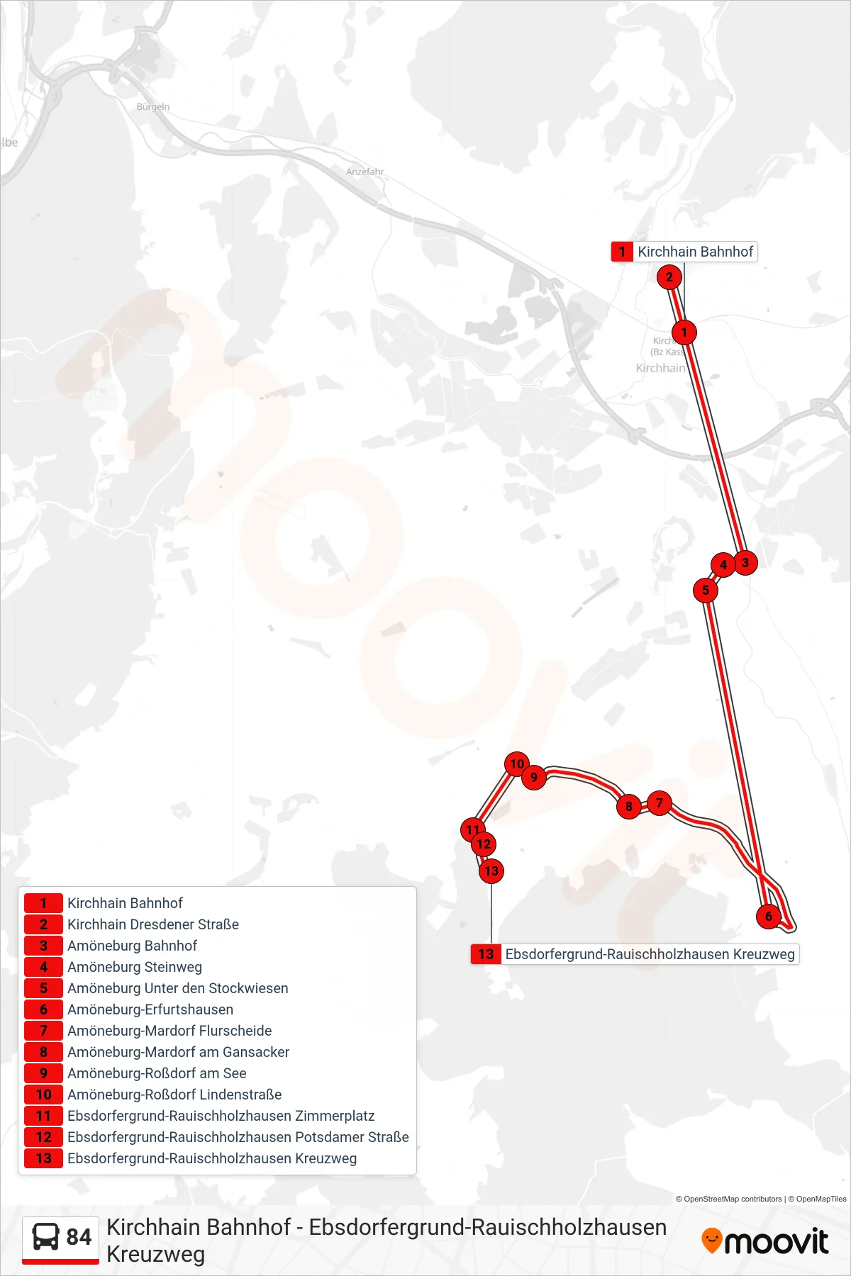 84 bus Line (Ebsdorfergrund-Rauischholzhausen Kreuzweg) route and stops on a map