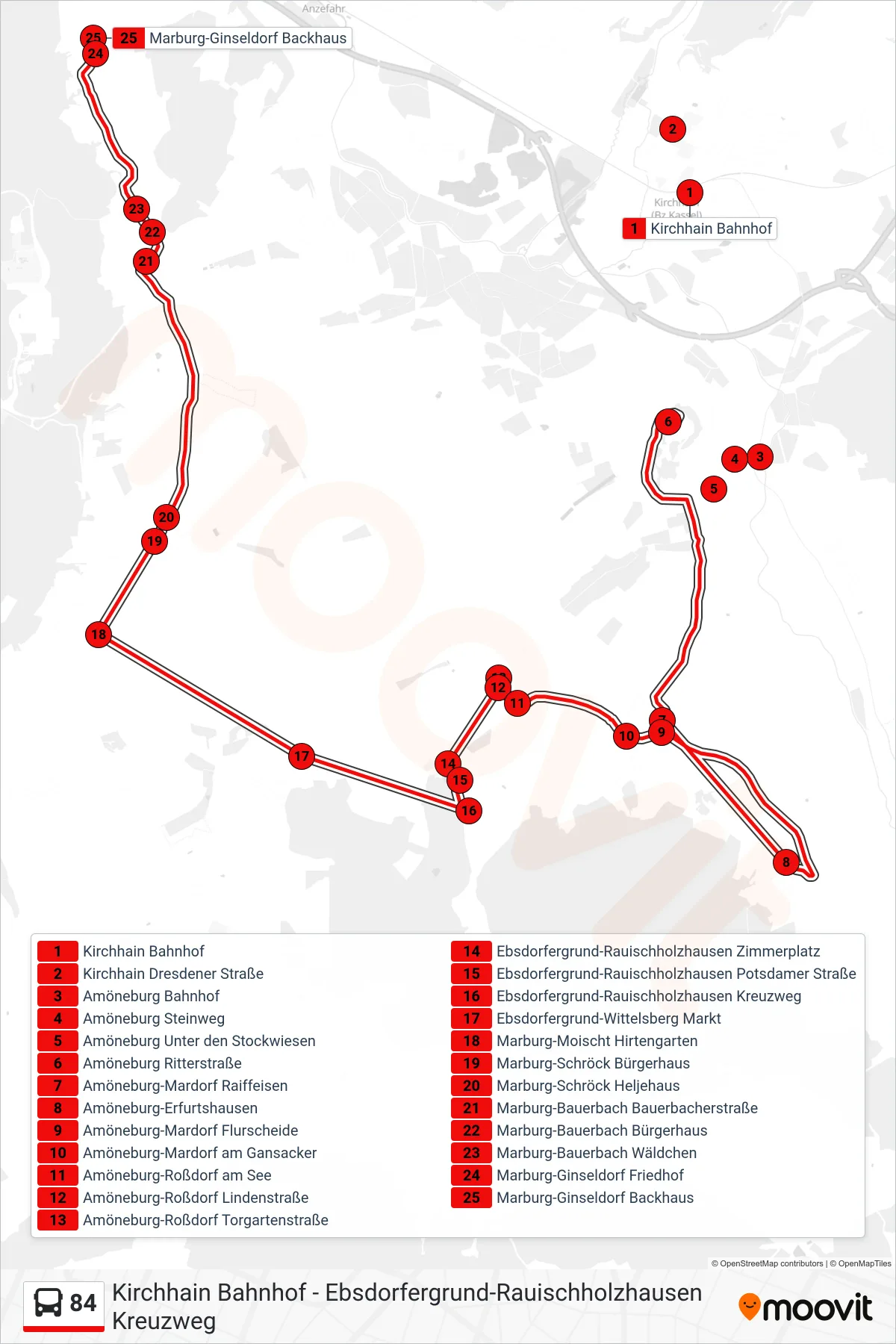 84 bus Line (Marburg-Ginseldorf Backhaus) route and stops on a map