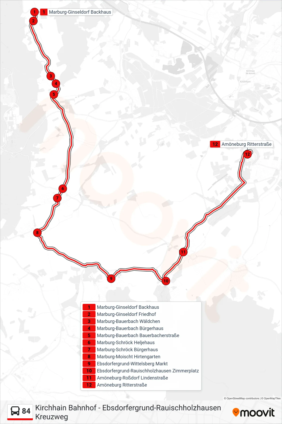 84 bus Line (Amöneburg Ritterstraße) route and stops on a map