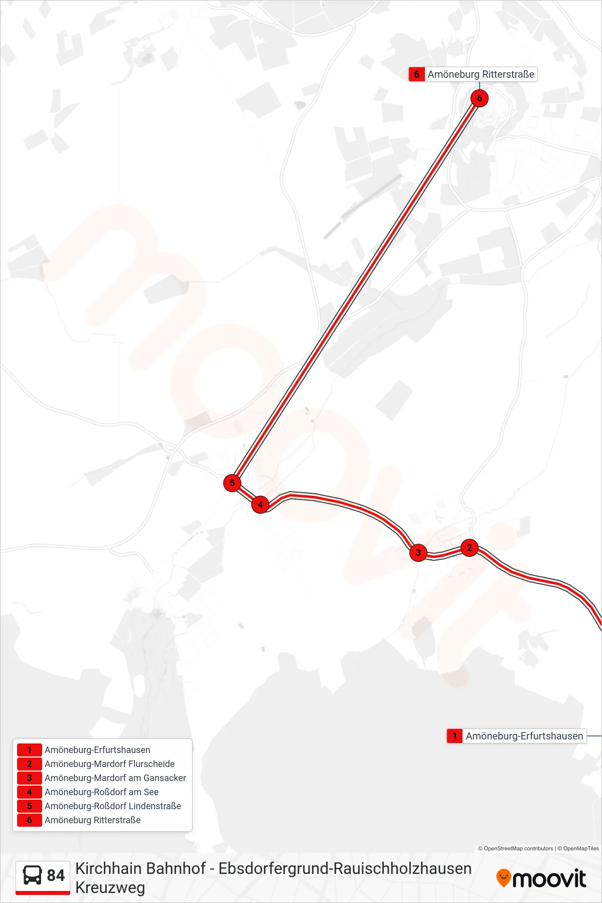 84 bus Line (Amöneburg Ritterstraße) route and stops on a map