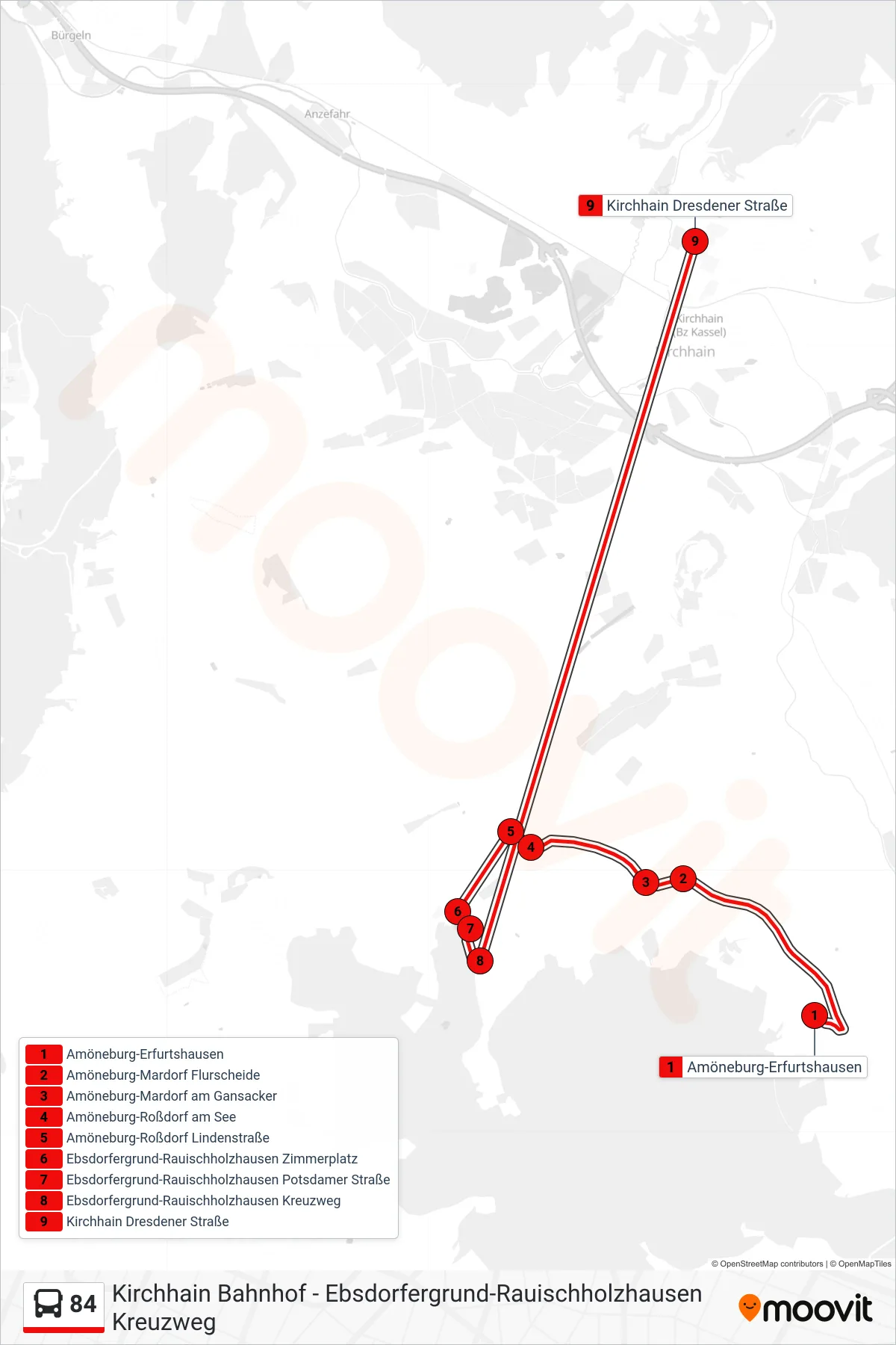 84 bus Line (Kirchhain Dresdener Straße) route and stops on a map