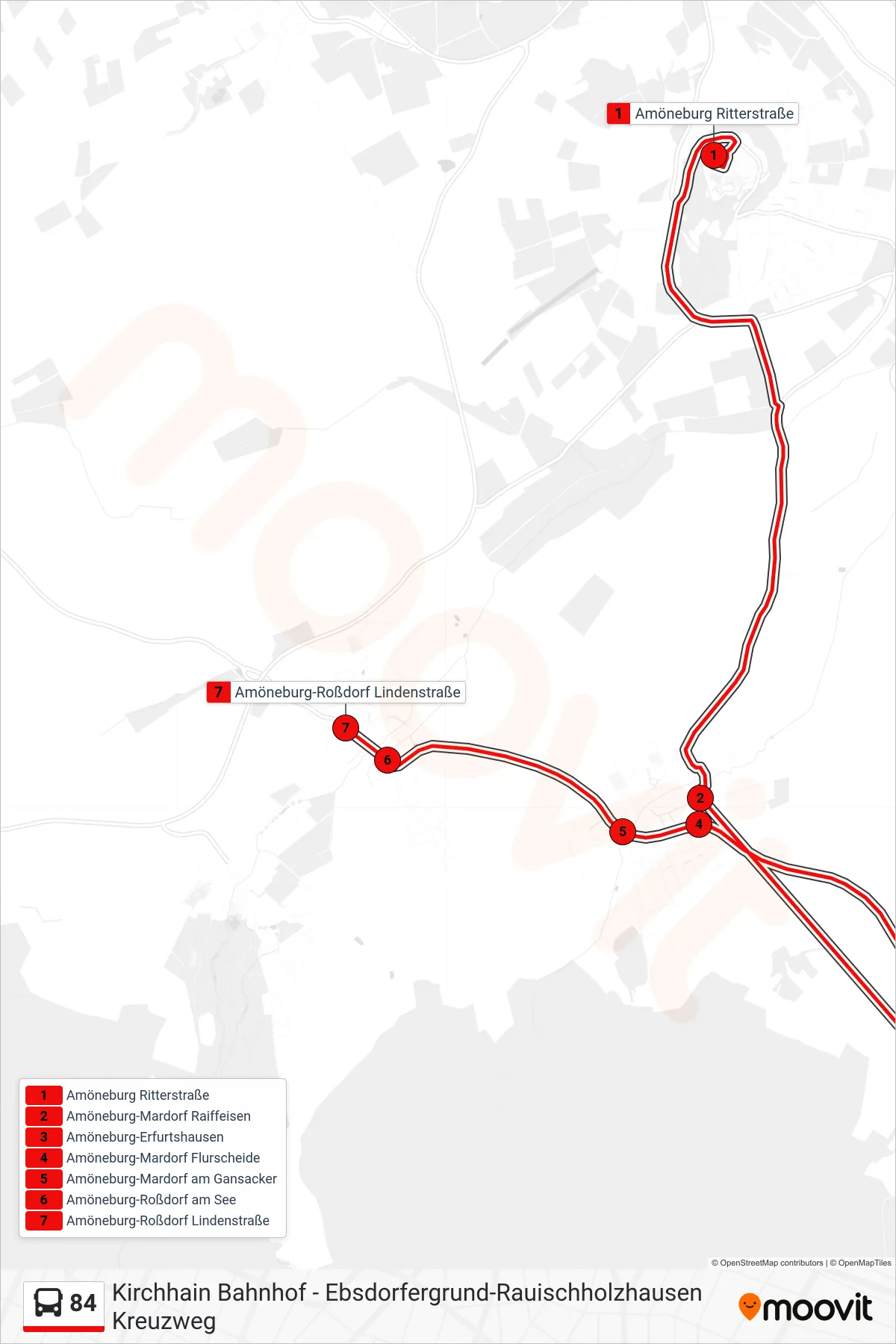 84 bus Line (Amöneburg-Roßdorf Lindenstraße) route and stops on a map
