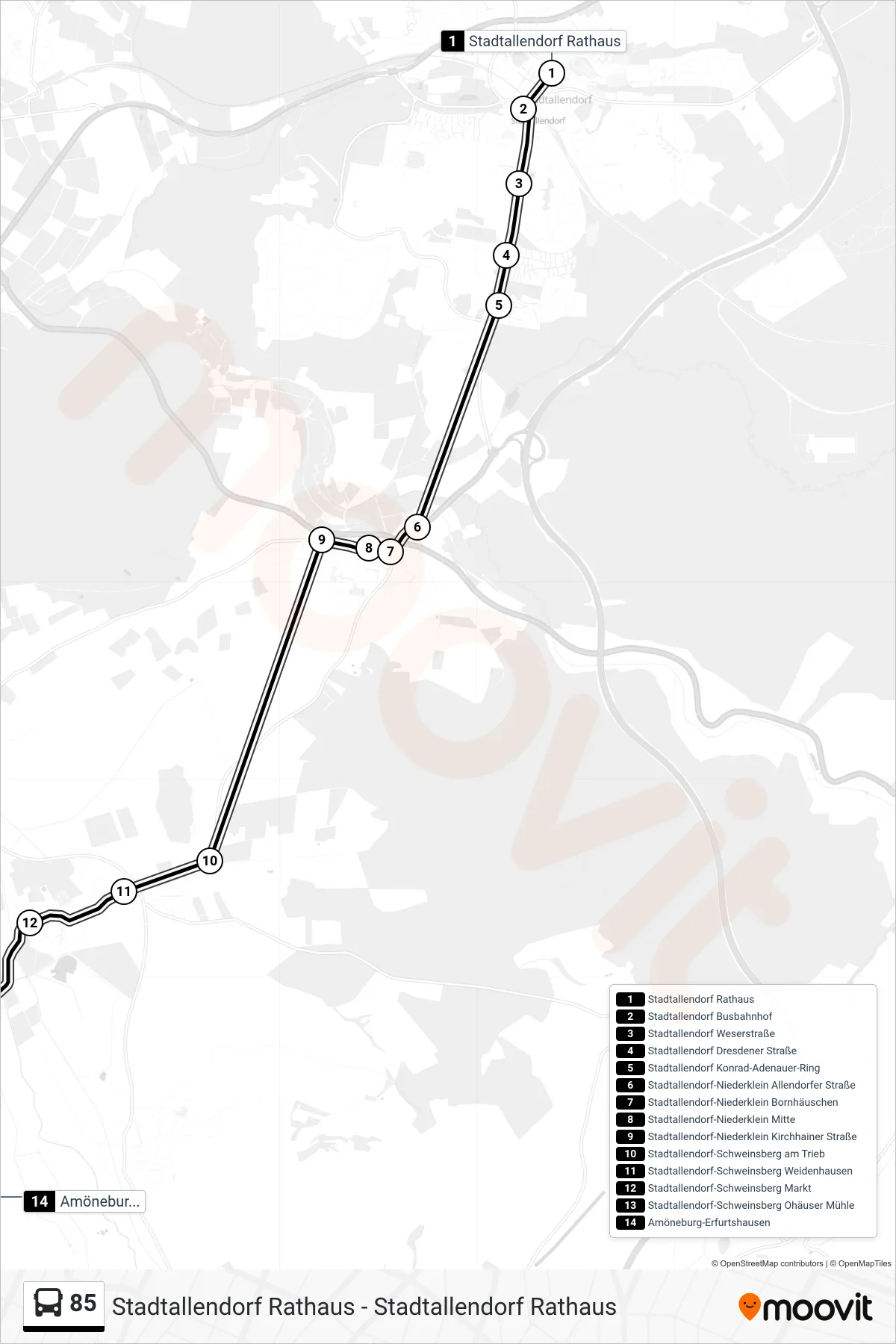 85 bus Line (Amöneburg-Erfurtshausen) route and stops on a map