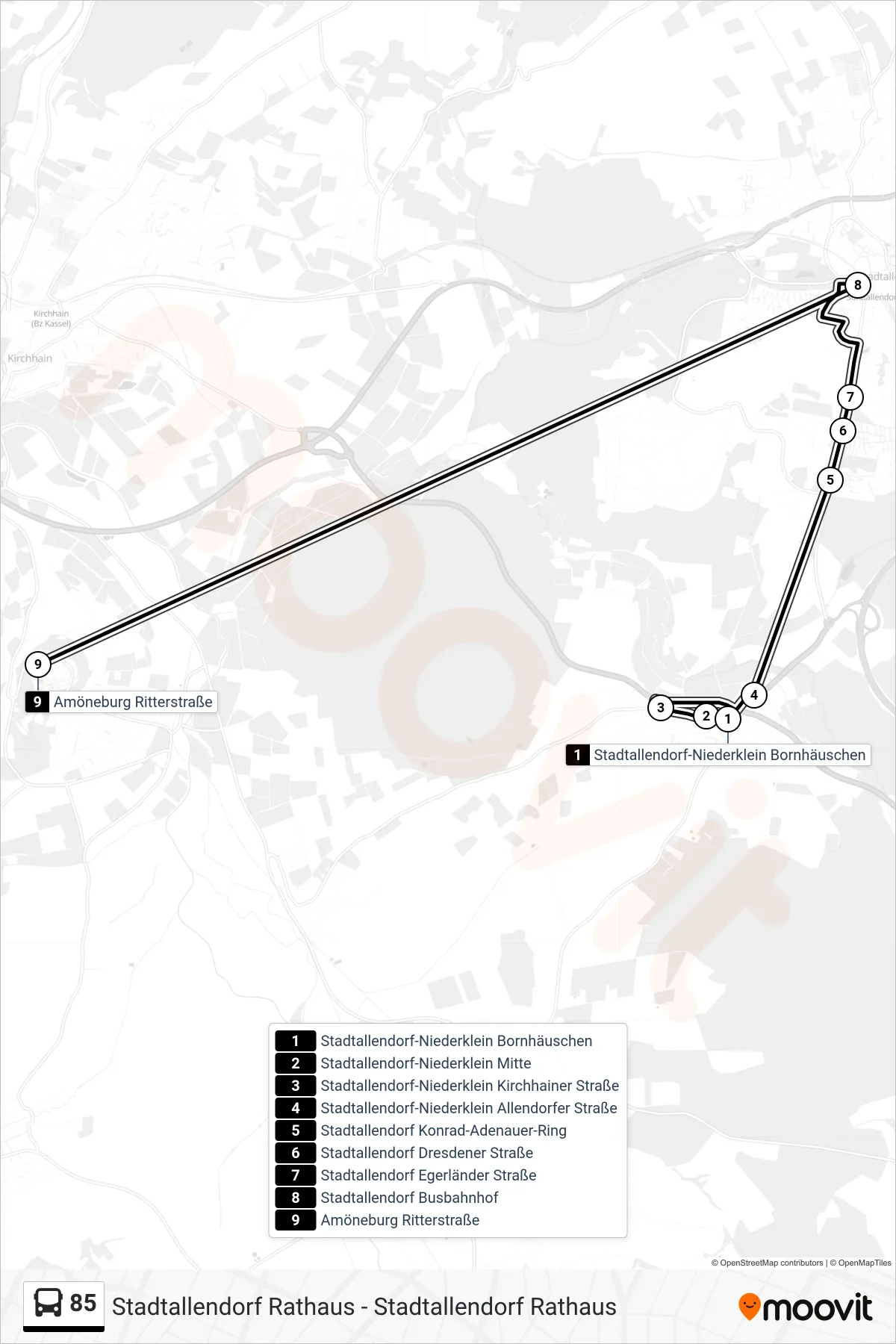 85 bus Line (Amöneburg Ritterstraße) route and stops on a map