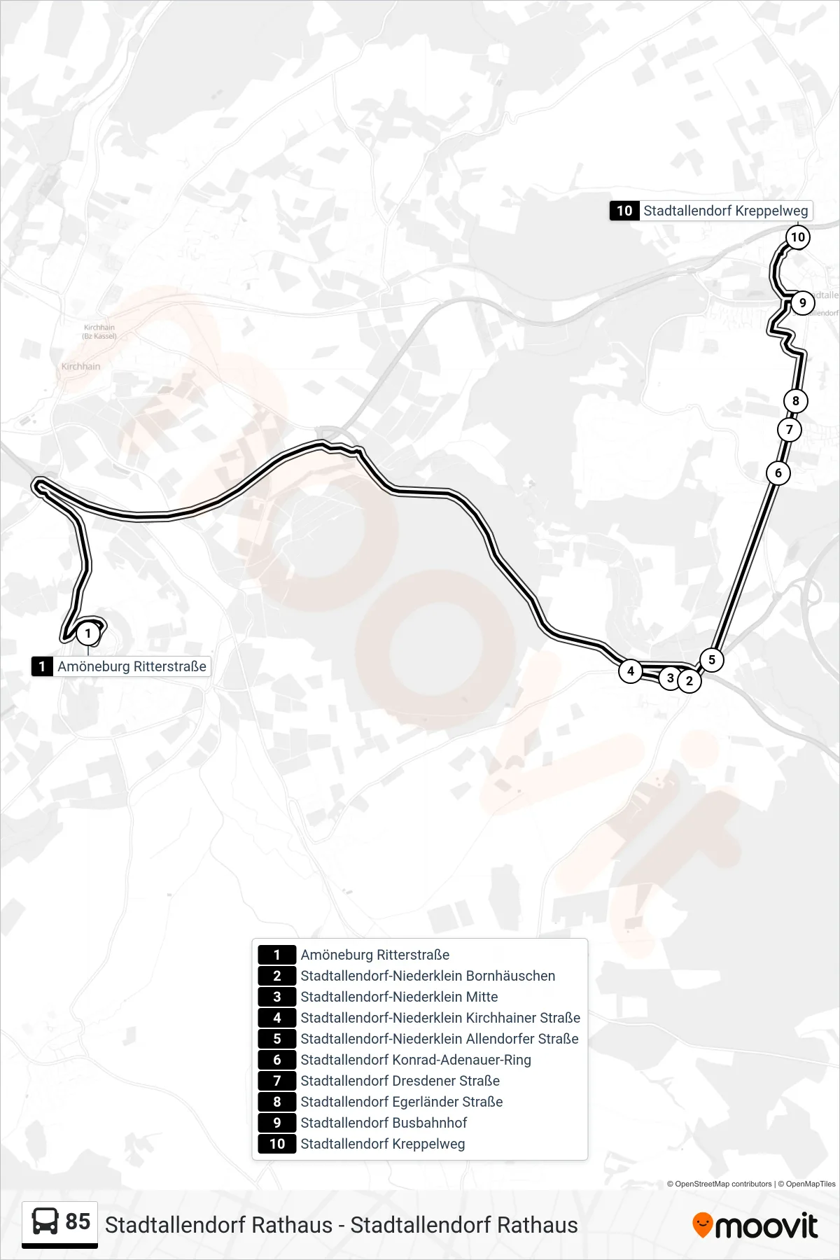 85 bus Line (Stadtallendorf Kreppelweg) route and stops on a map