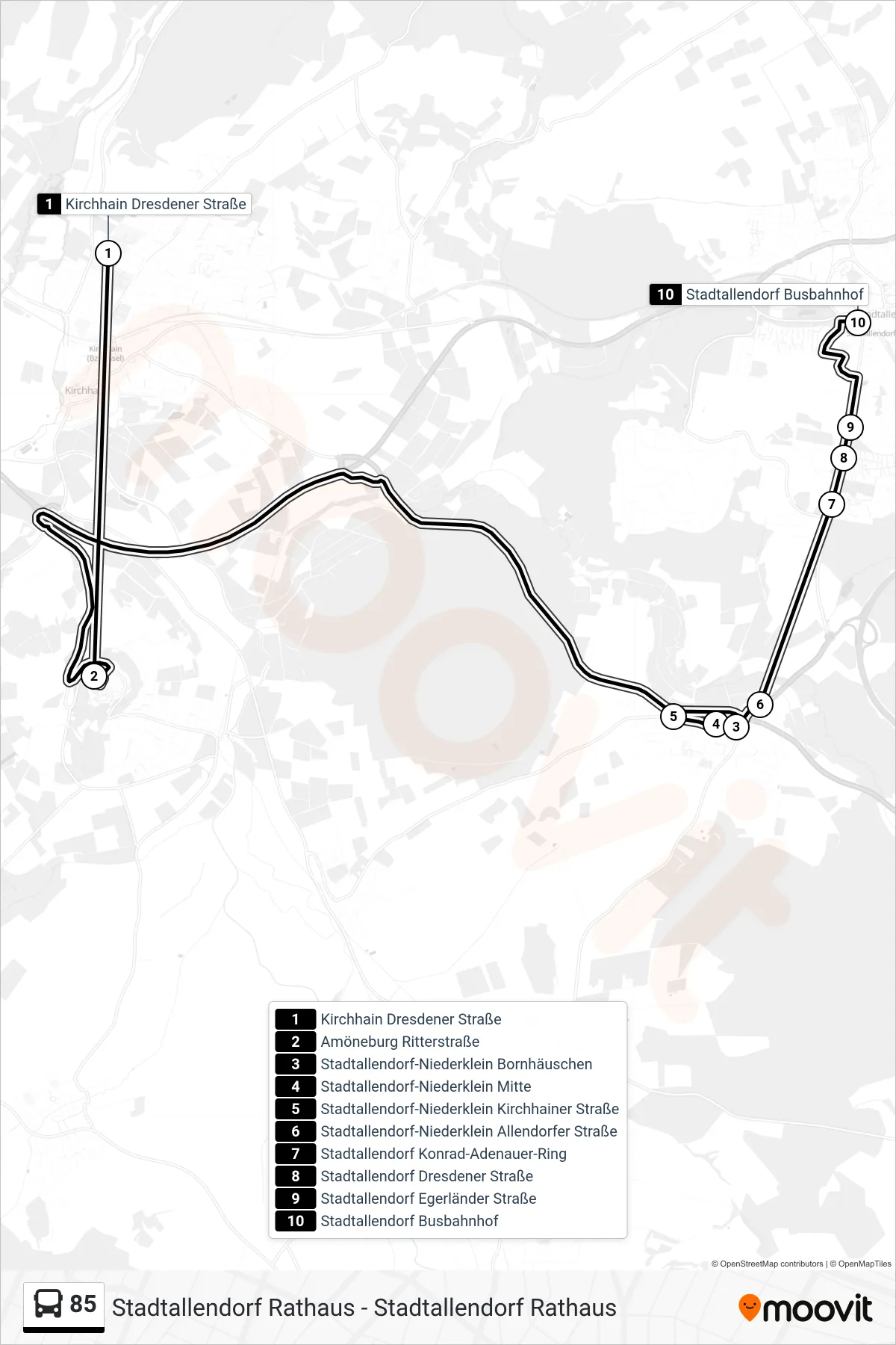 85 bus Line (Stadtallendorf Busbahnhof) route and stops on a map