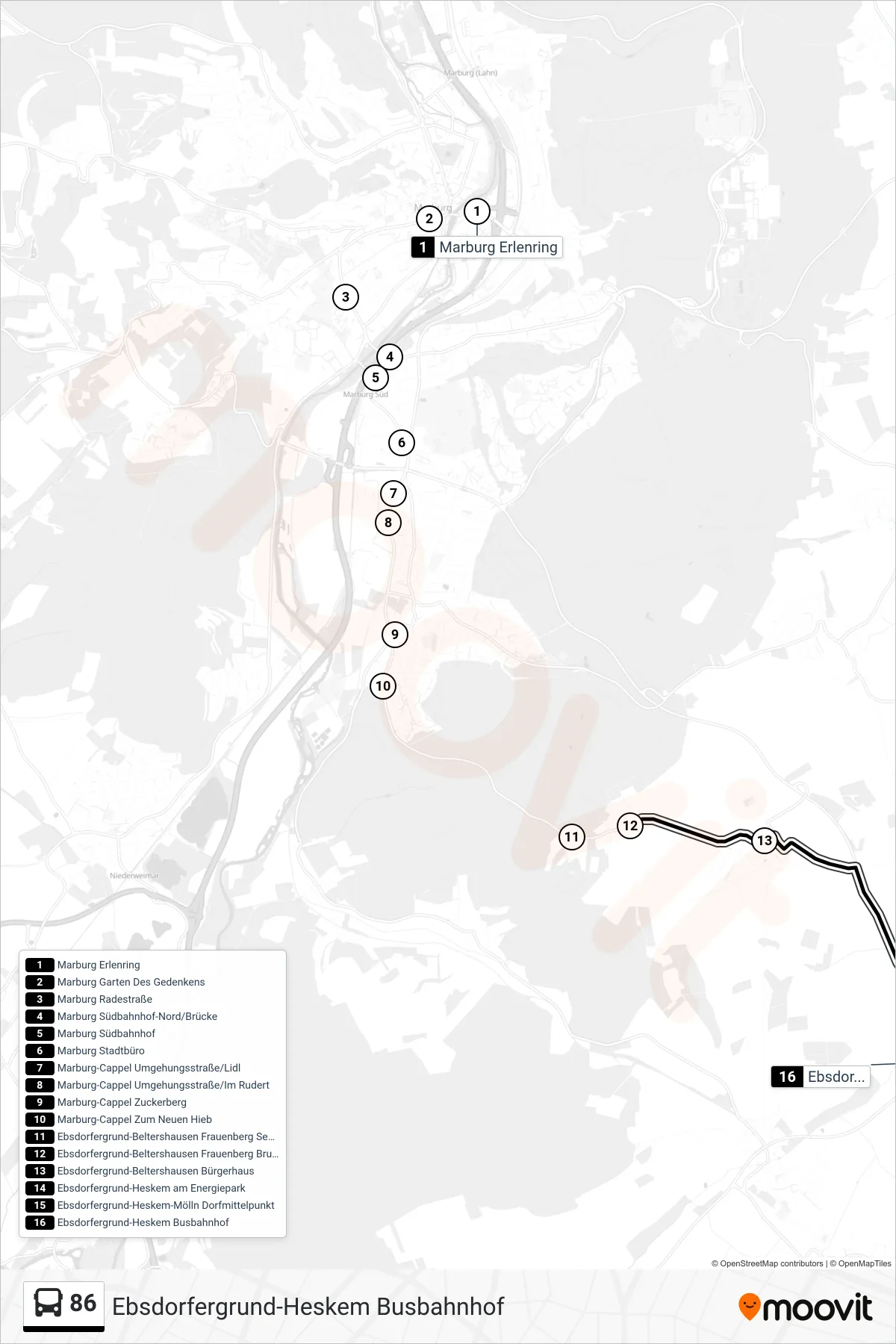 86 bus Line (Ebsdorfergrund-Heskem Busbahnhof) route and stops on a map