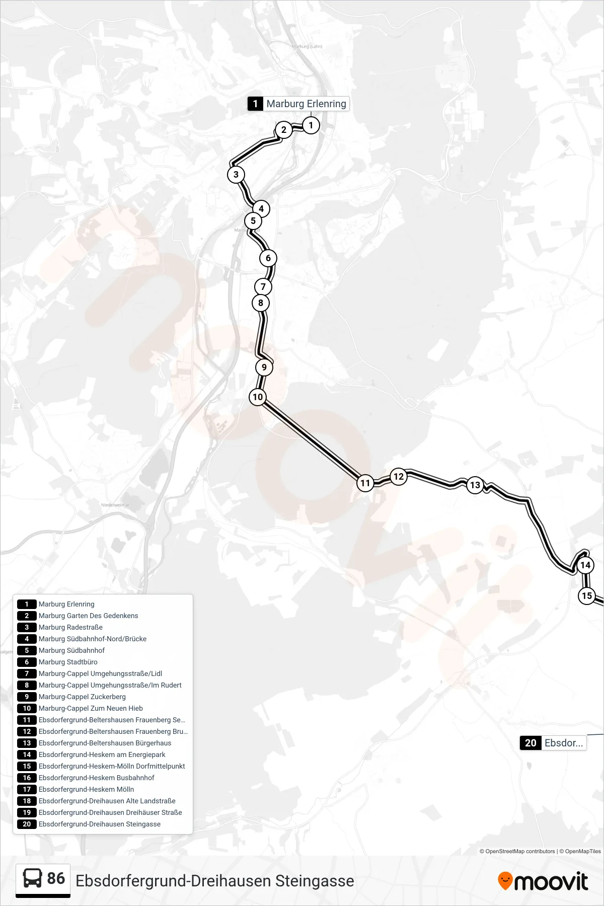 Linie 86 (Bus) Richtung Ebsdorfergrund-Dreihausen Steingasse: Route und Haltestellen auf der Karte