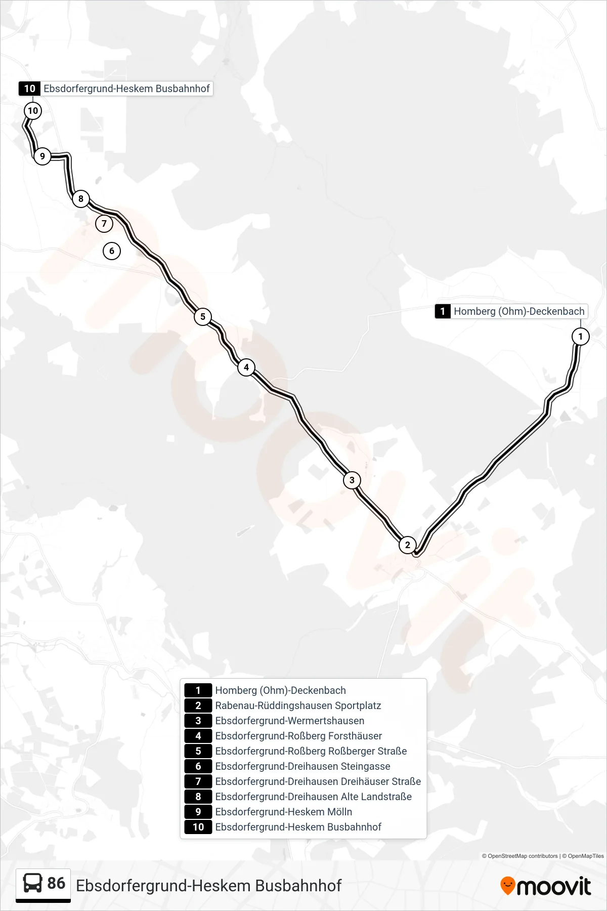 86 bus Line (Ebsdorfergrund-Heskem Busbahnhof) route and stops on a map