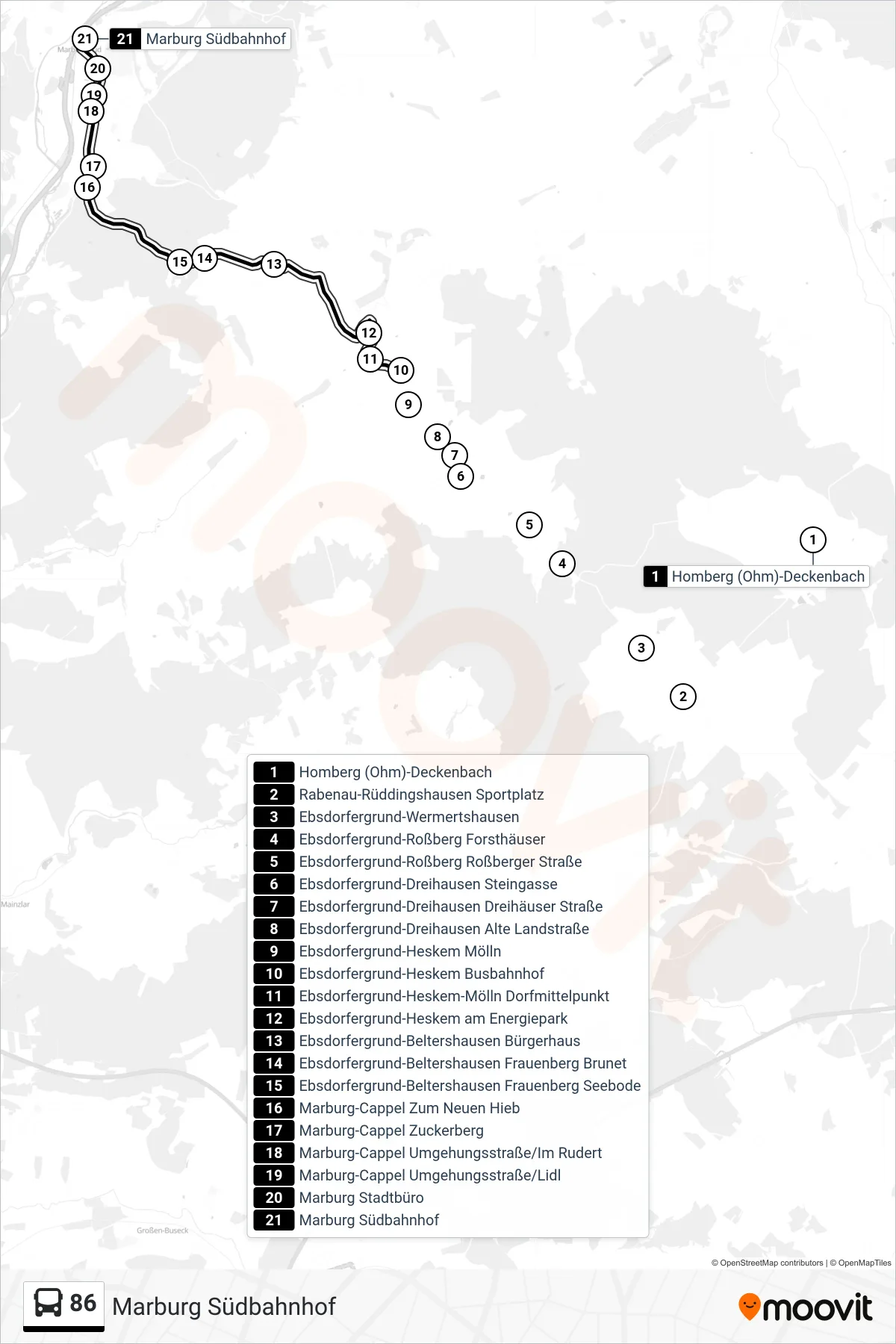 86 bus Line (Marburg Südbahnhof) route and stops on a map