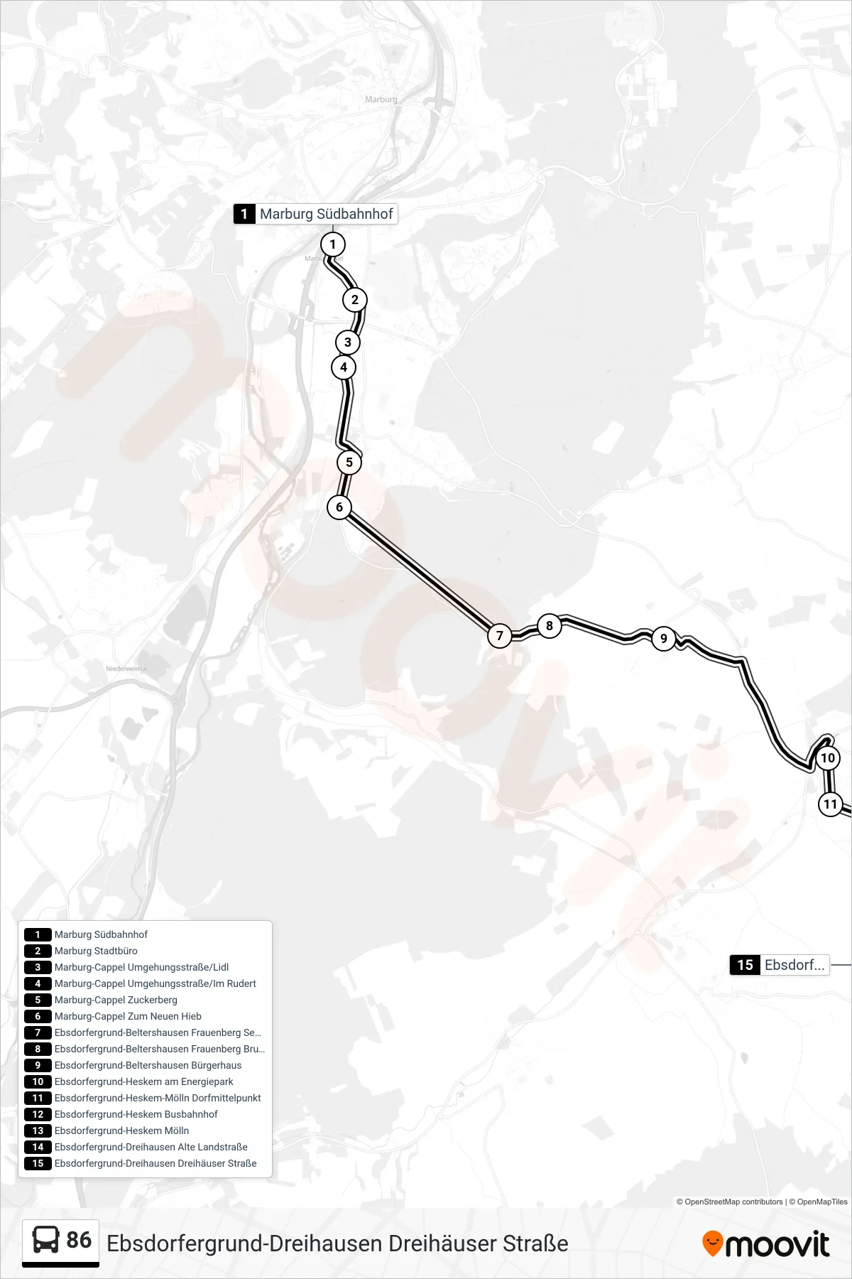 86 bus Line (Ebsdorfergrund-Dreihausen Dreihäuser Straße) route and stops on a map