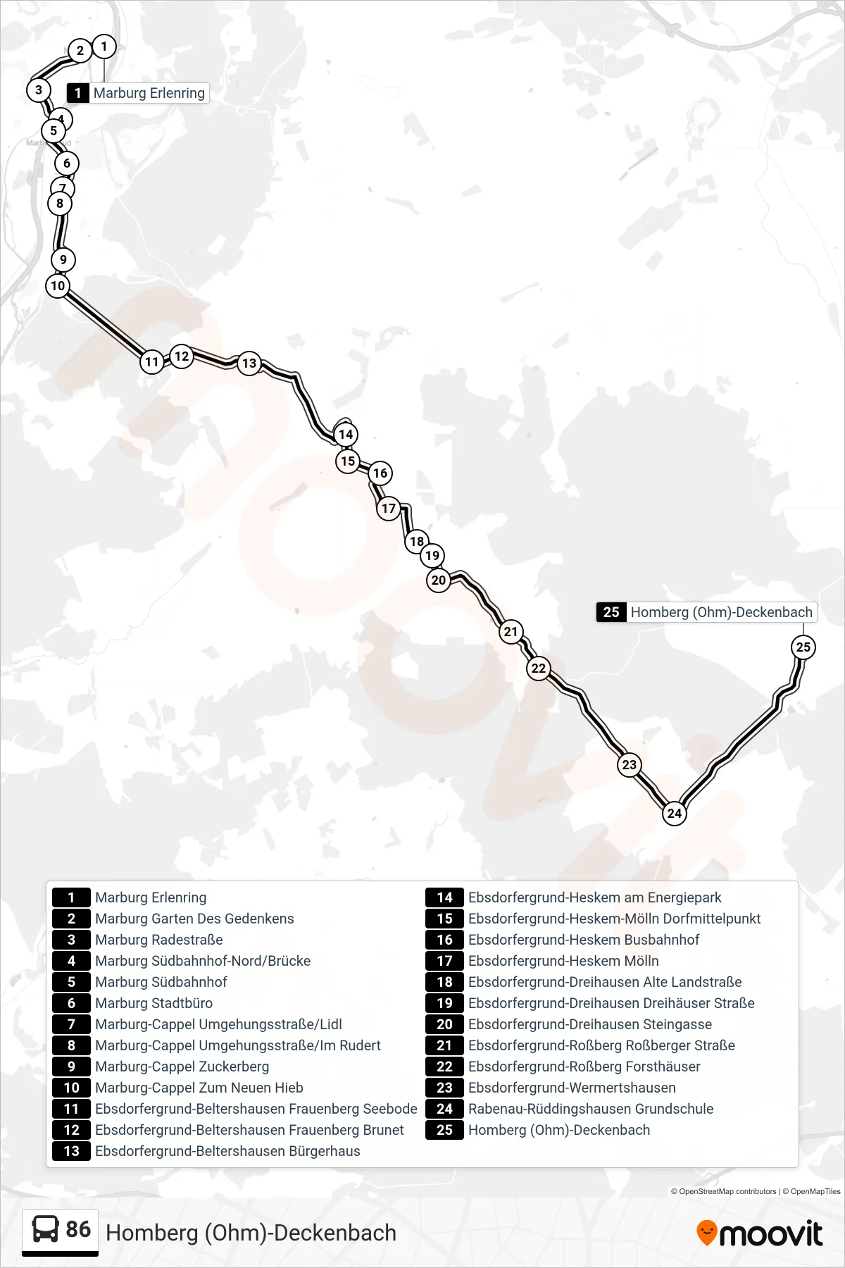 86 bus Line (Homberg (Ohm)-Deckenbach) route and stops on a map