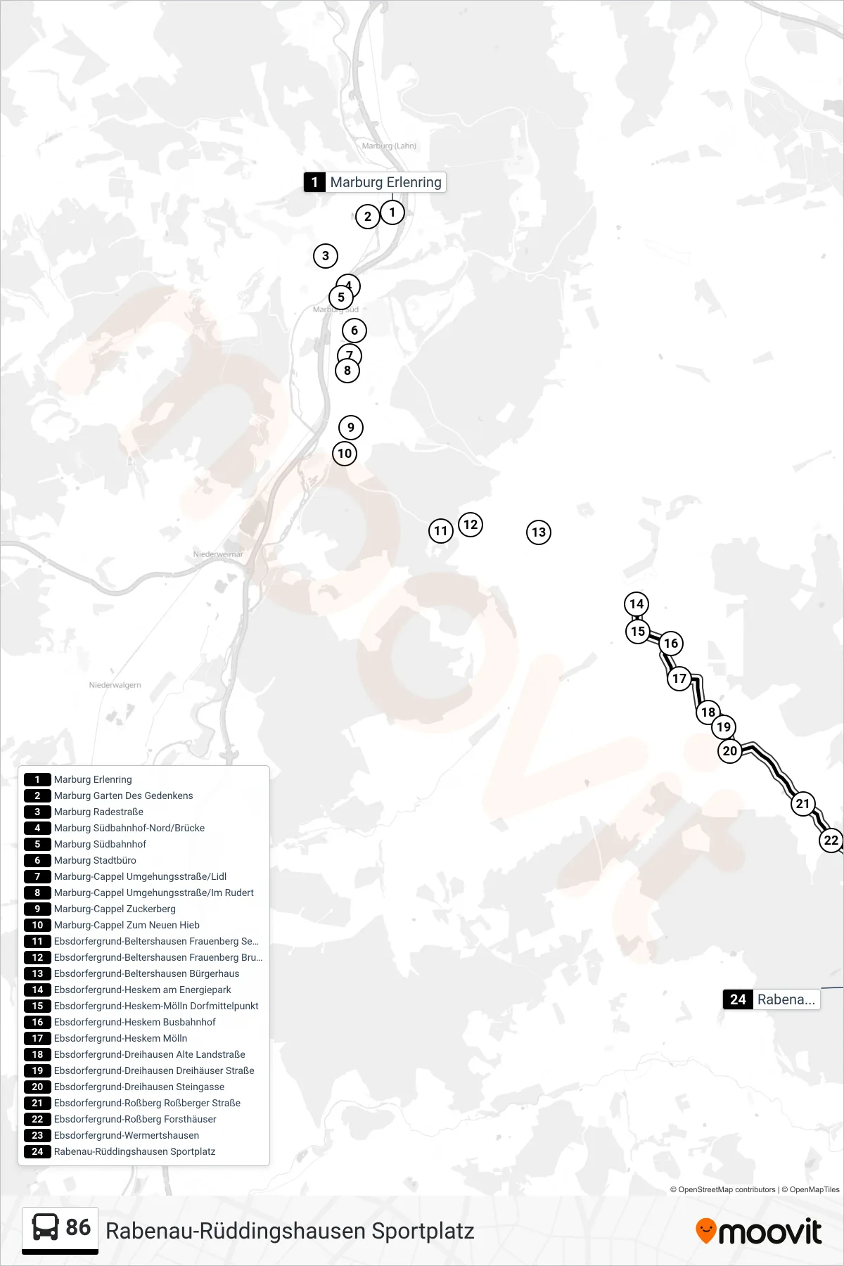 86 bus Line (Rabenau-Rüddingshausen Sportplatz) route and stops on a map