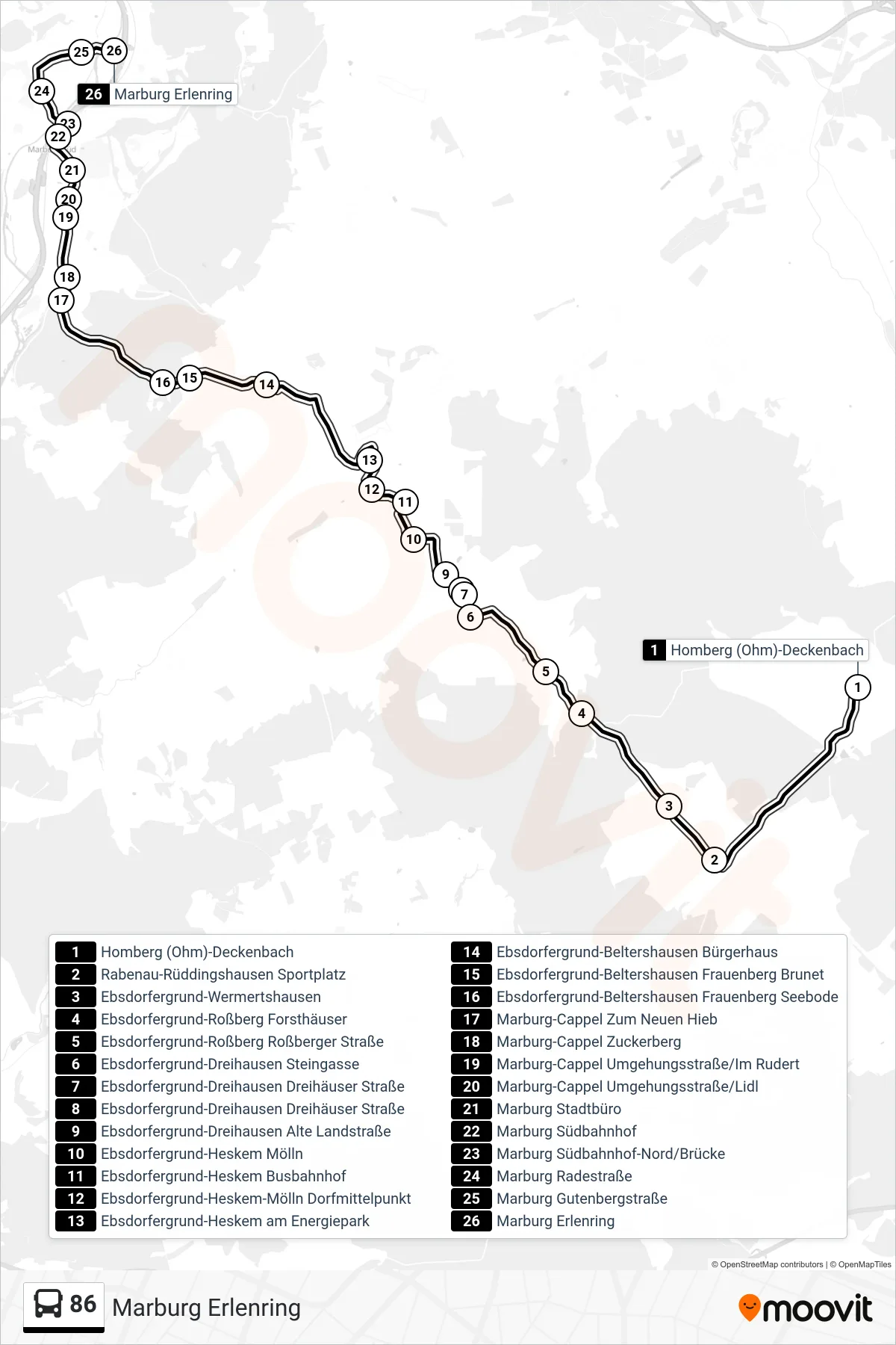 86 bus Line (Marburg Erlenring) route and stops on a map