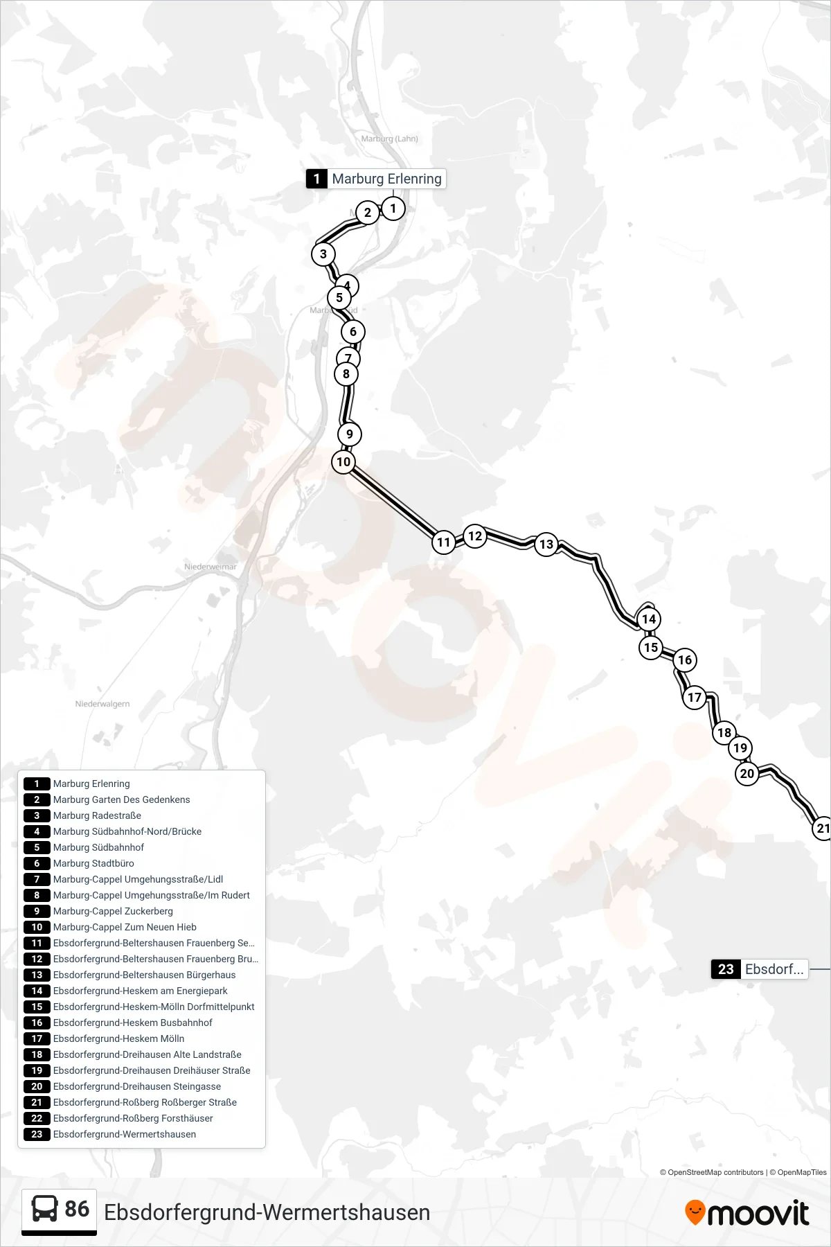 86 bus Line (Ebsdorfergrund-Wermertshausen) route and stops on a map