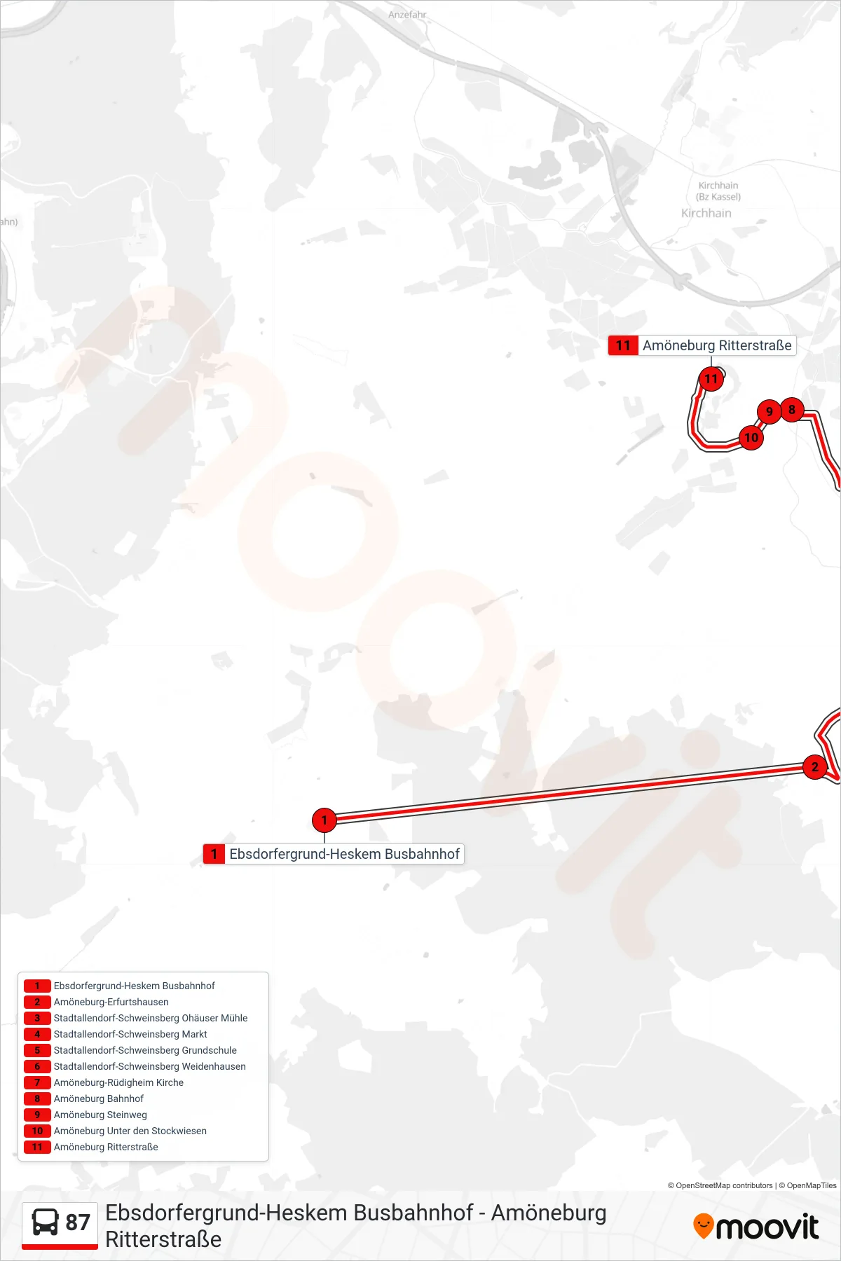 87 bus Line (Amöneburg Ritterstraße) route and stops on a map