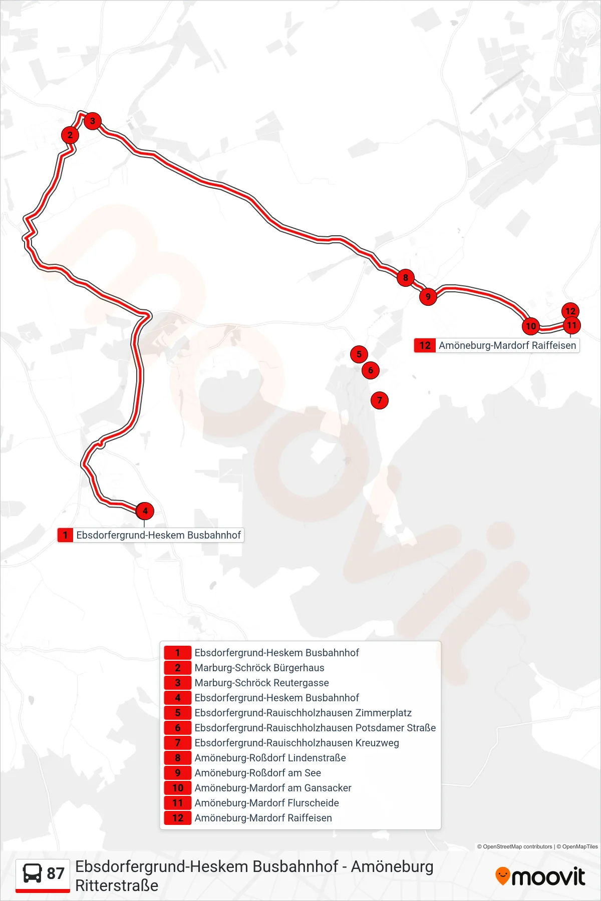 Linie 87 (Bus) Richtung Amöneburg-Mardorf Raiffeisen: Route und Haltestellen auf der Karte