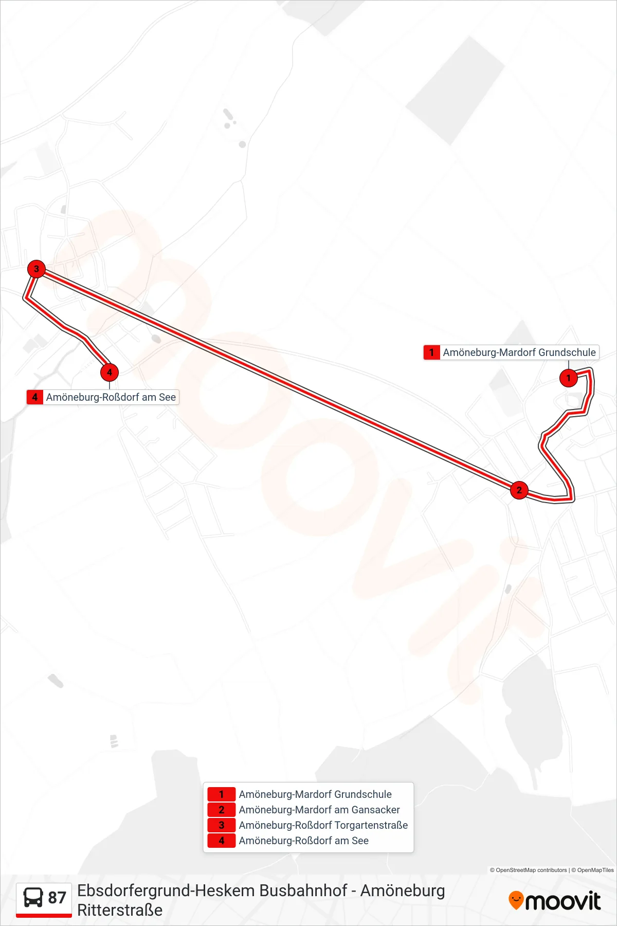 87 bus Line (Amöneburg-Roßdorf am See) route and stops on a map